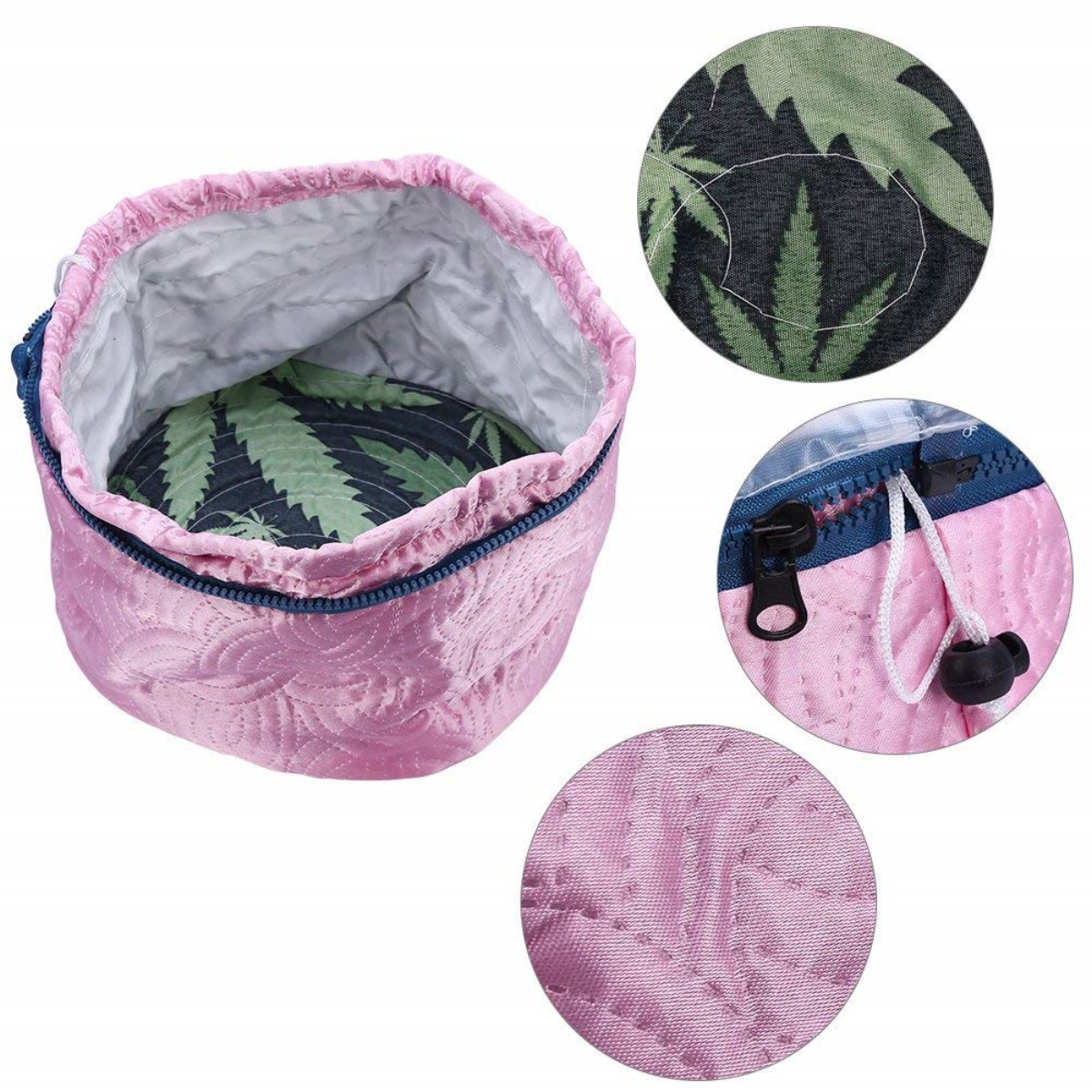 Rosa, runde, gesteppte Tasche mit Marihuanablattmuster im Inneren. Reißverschluss. Nahaufnahmen zeigen Details des Stoffes.