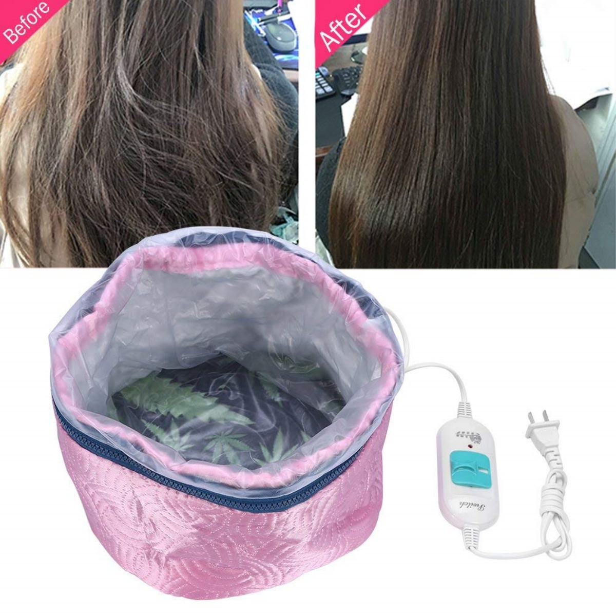 Pinke Haarheizhaube und Vorher-/Nachher-Vergleich.