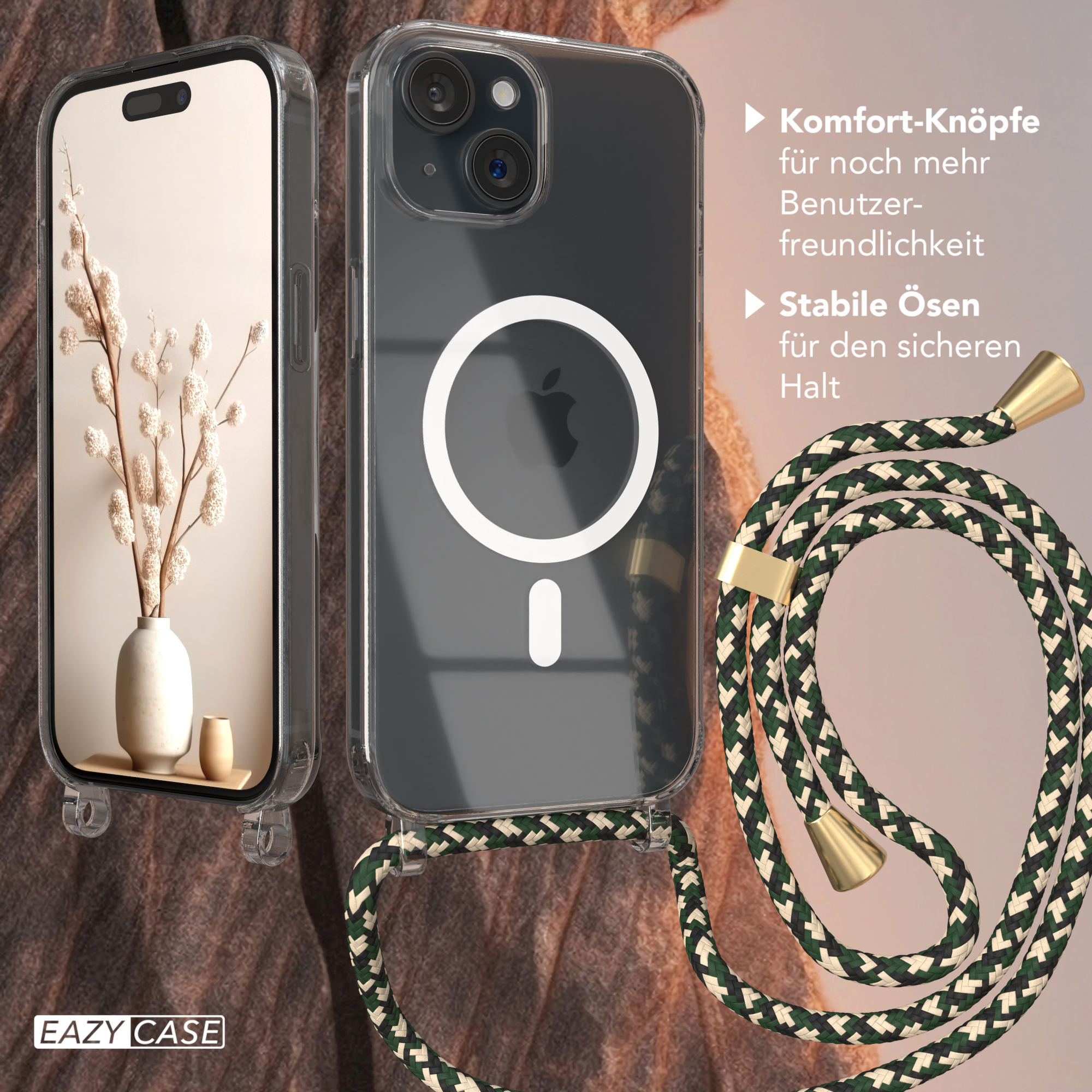 Gold 15, EAZY CASE iPhone Clips Hülle / Camouflage Umhängetasche, Handykette, Magsafe Grün Apple, mit