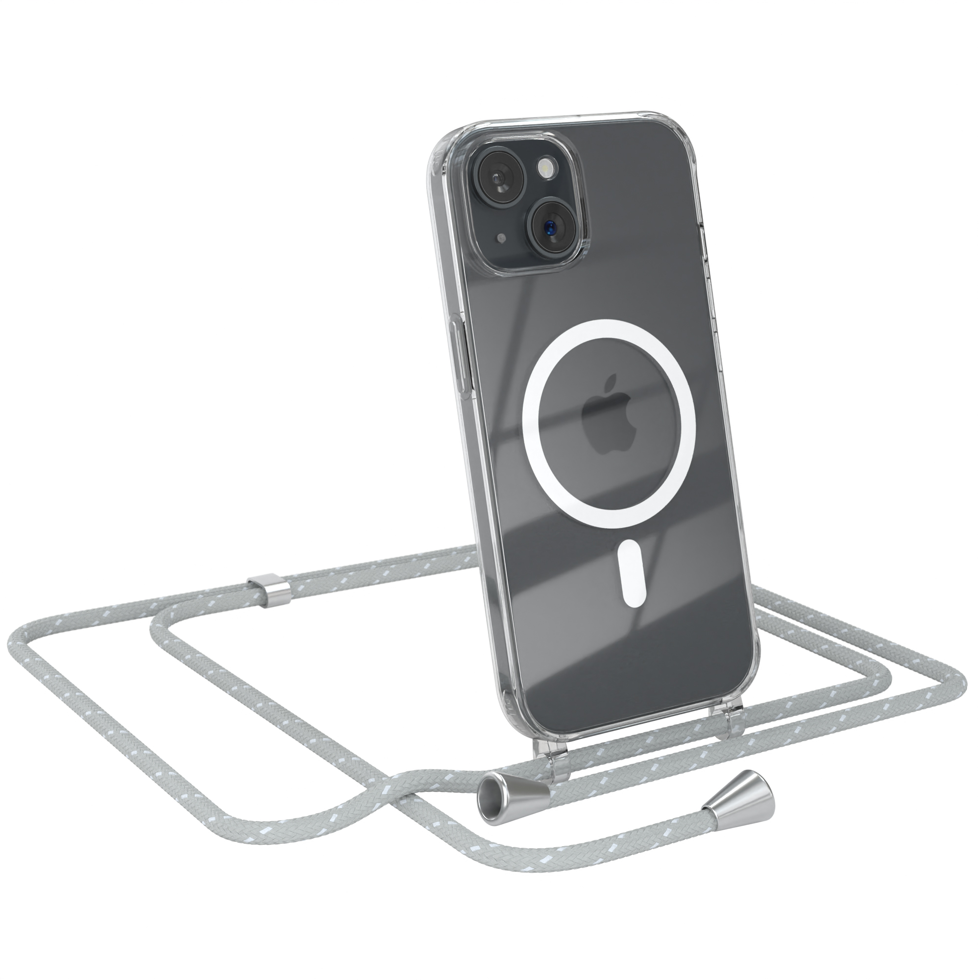 Eine transparente Handyhülle mit Telefon und grauer Kordel. Weißer Hintergrund.