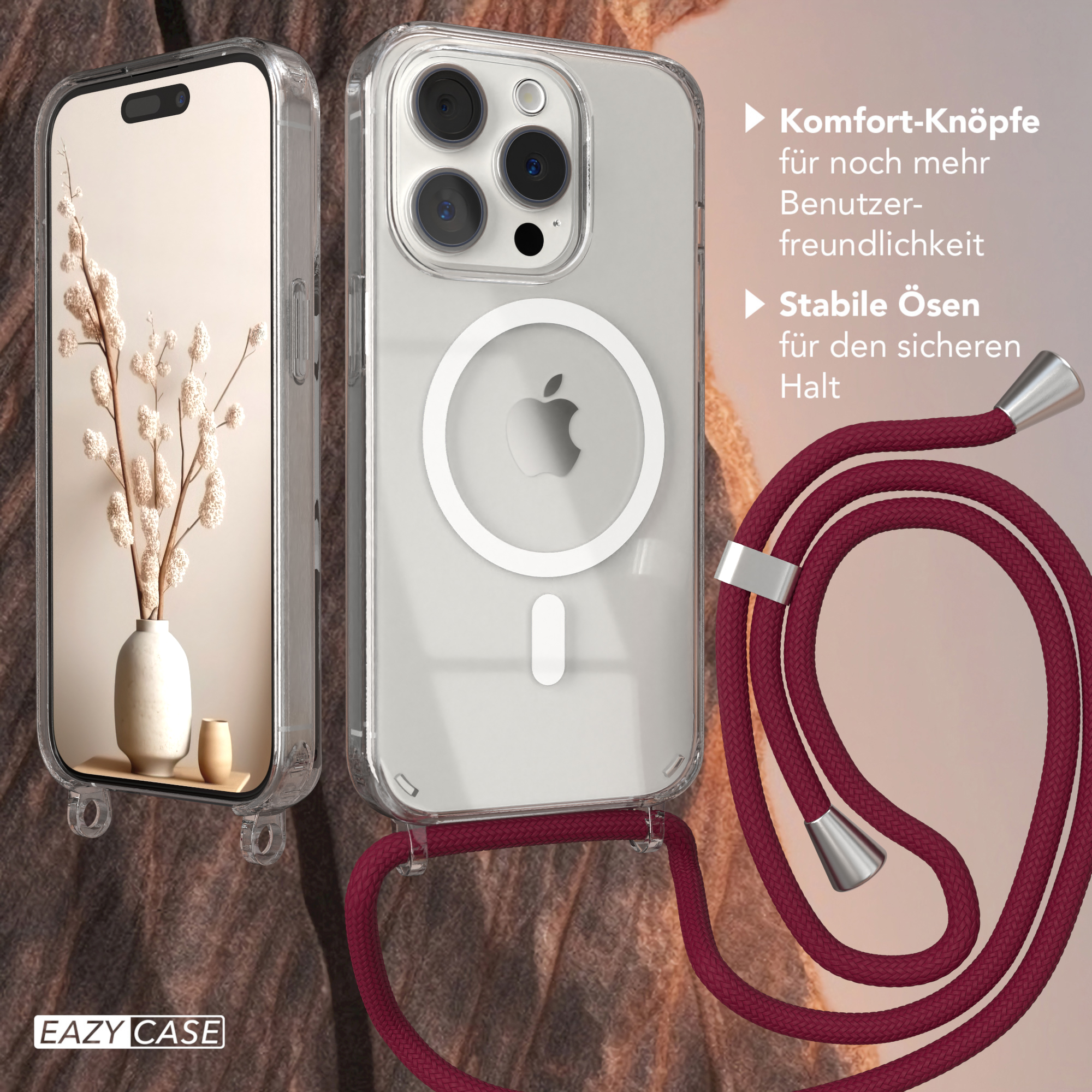 Eine Handyhülle mit Lanyard und eine Vase mit einer Pflanze.