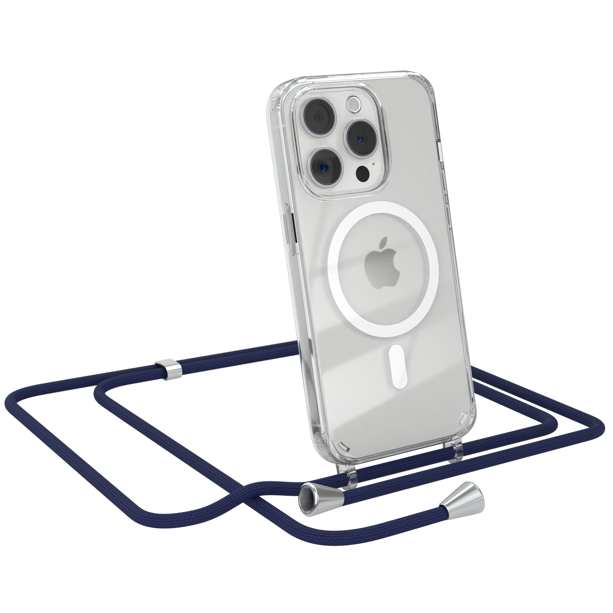Hülle Clips iPhone 15 Blau Magsafe CASE Pro, / mit Handykette, EAZY Silber Apple, Umhängetasche,