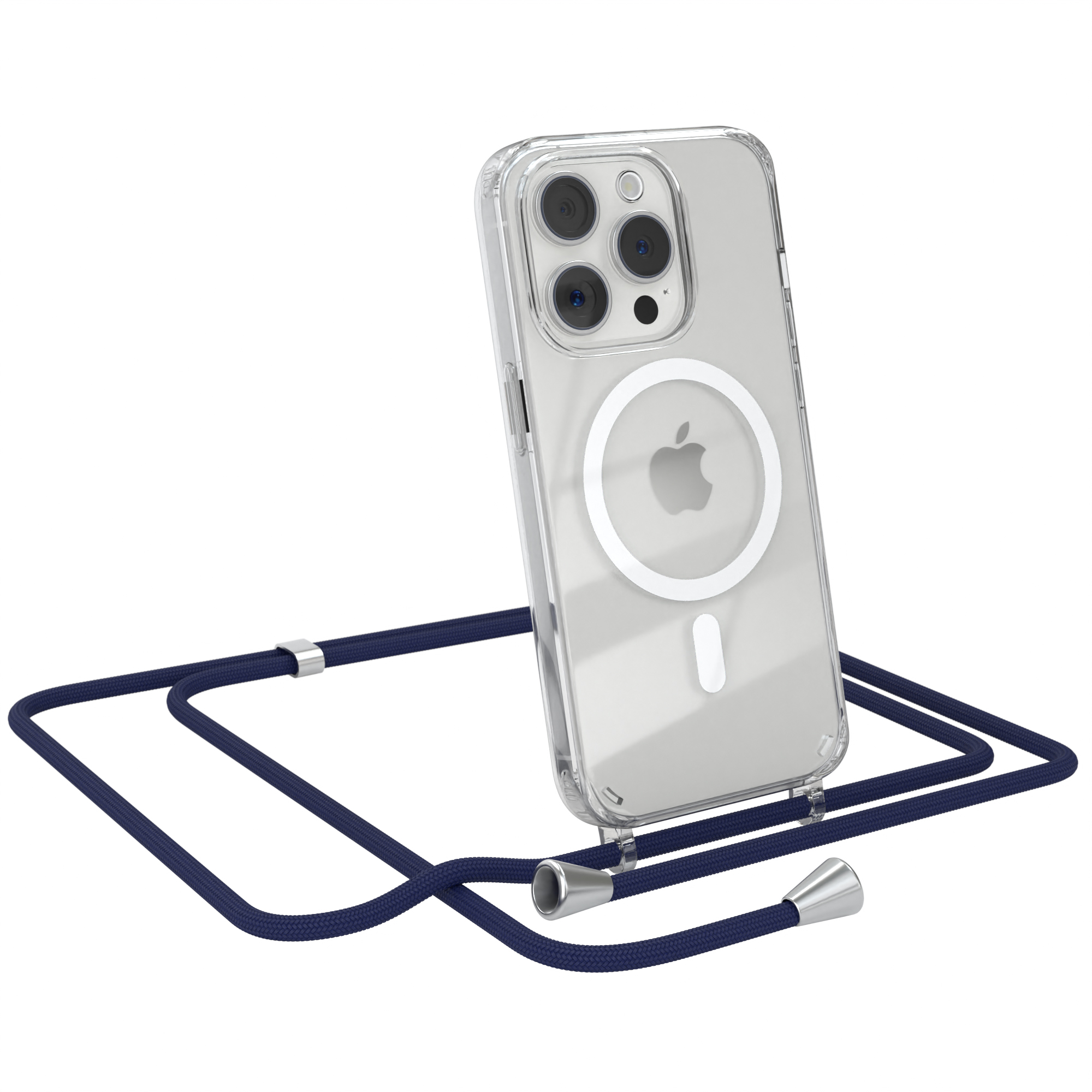 Transparente Handyhülle mit Lanyard. Apple-Logo sichtbar. Blaues Lanyard. Weißer Hintergrund.