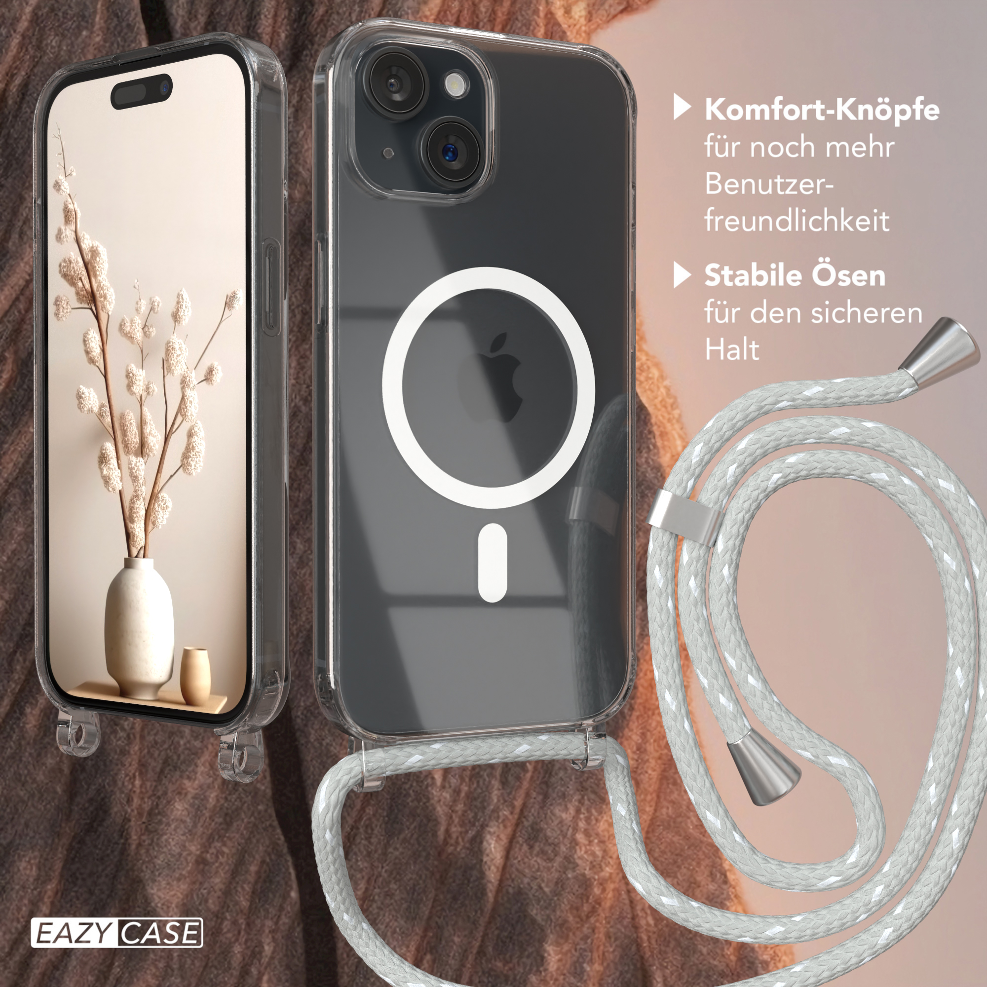 Handyhülle, transparent mit weißem Kreis, Telefon darin und dekoratives weißes Umhängeband.