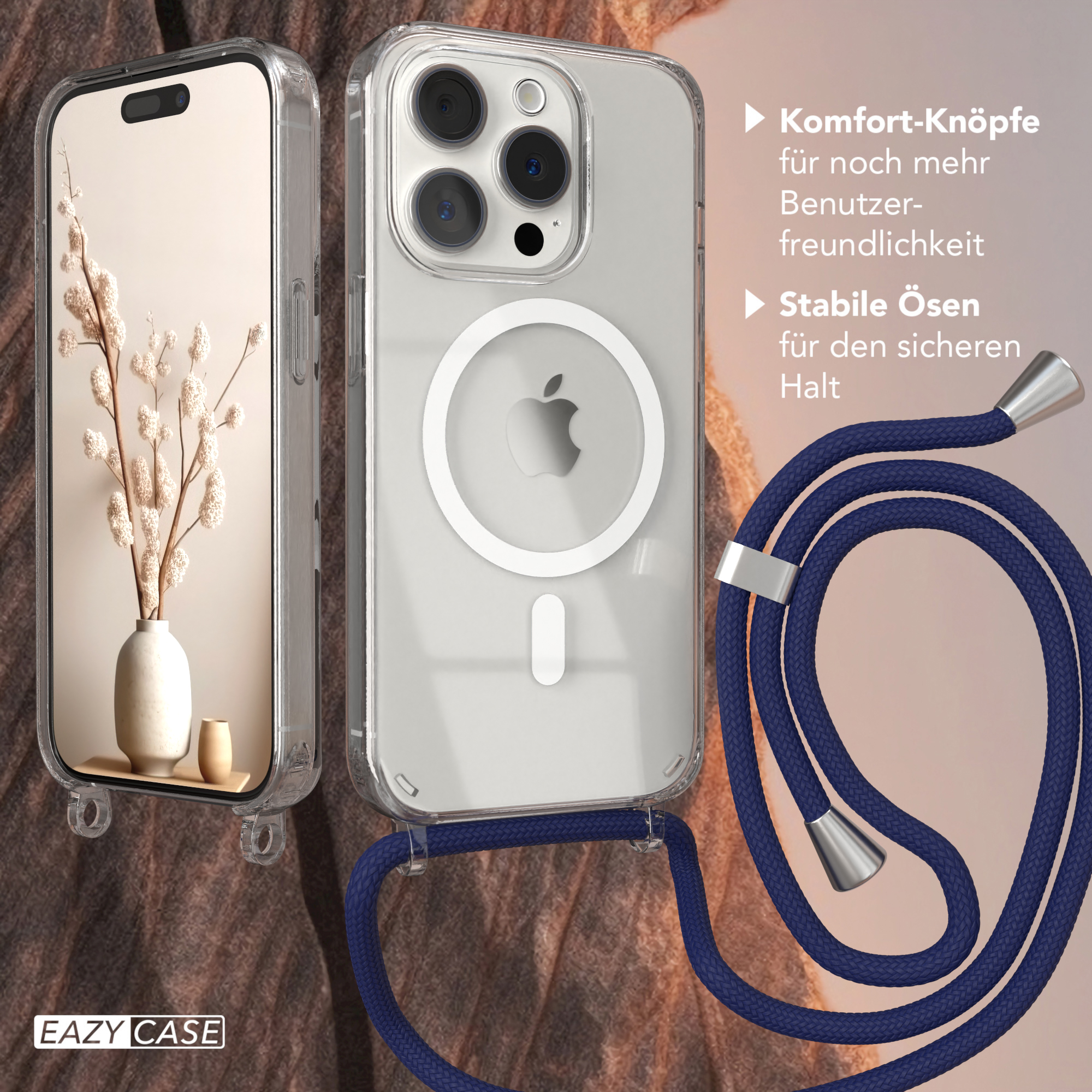 Hülle Clips iPhone 15 Blau Magsafe CASE Pro, / mit Handykette, EAZY Silber Apple, Umhängetasche,