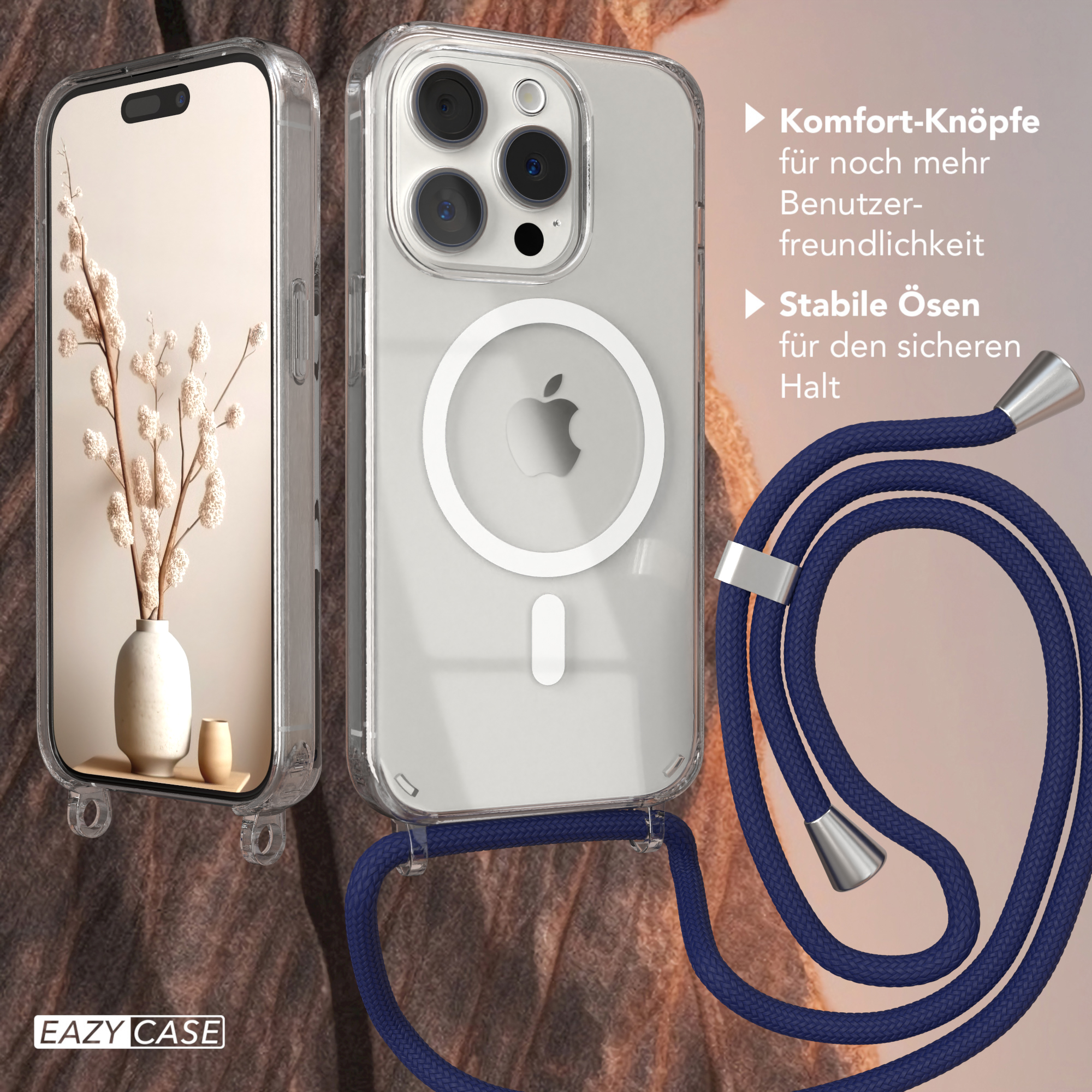 Transparente Handyhülle mit Zubehör. Eine Vase mit Blumen im Hintergrund. Der Text ist auf Deutsch.