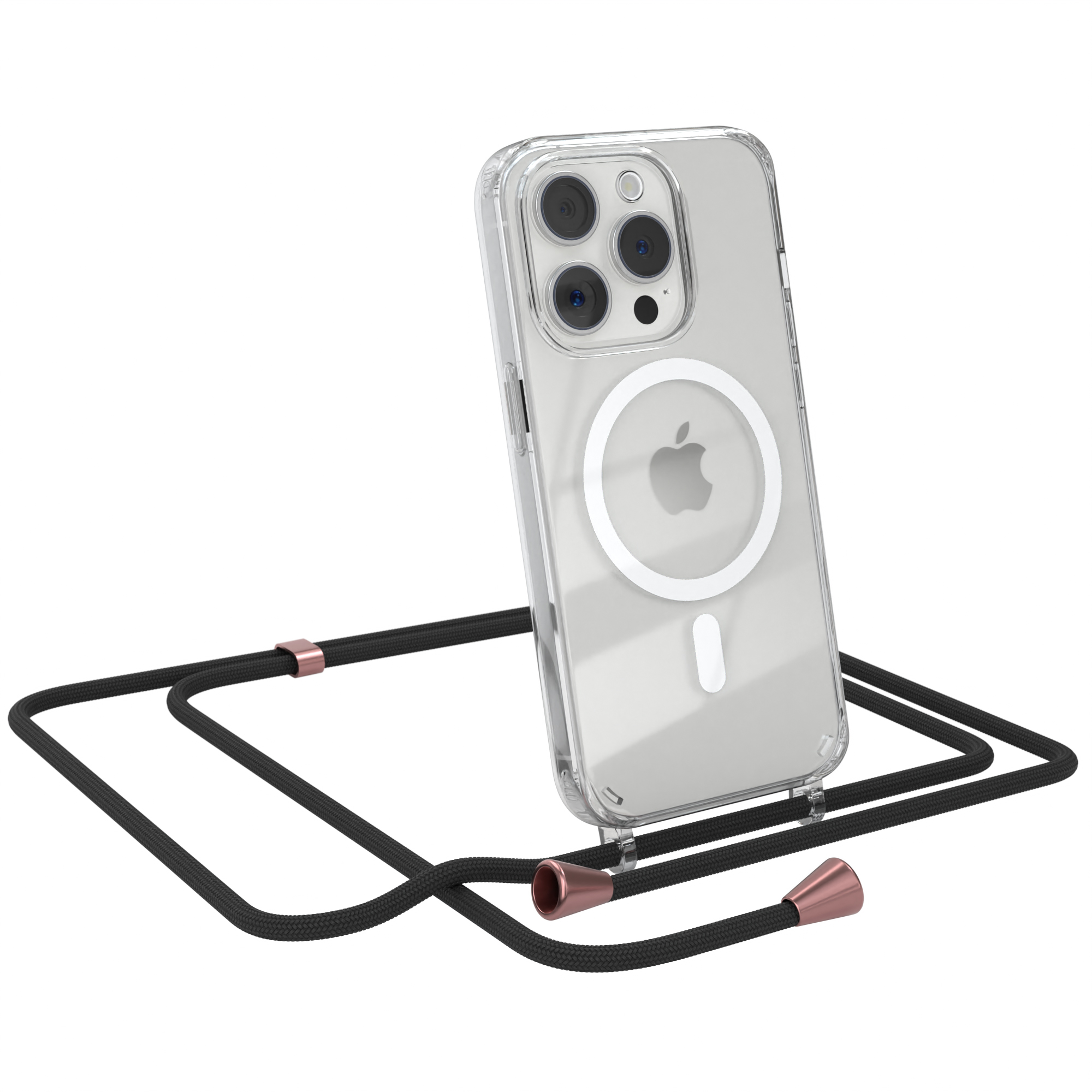 Eine transparente Handyhülle mit Apple-Logo und ein schwarzes Umhängeband.