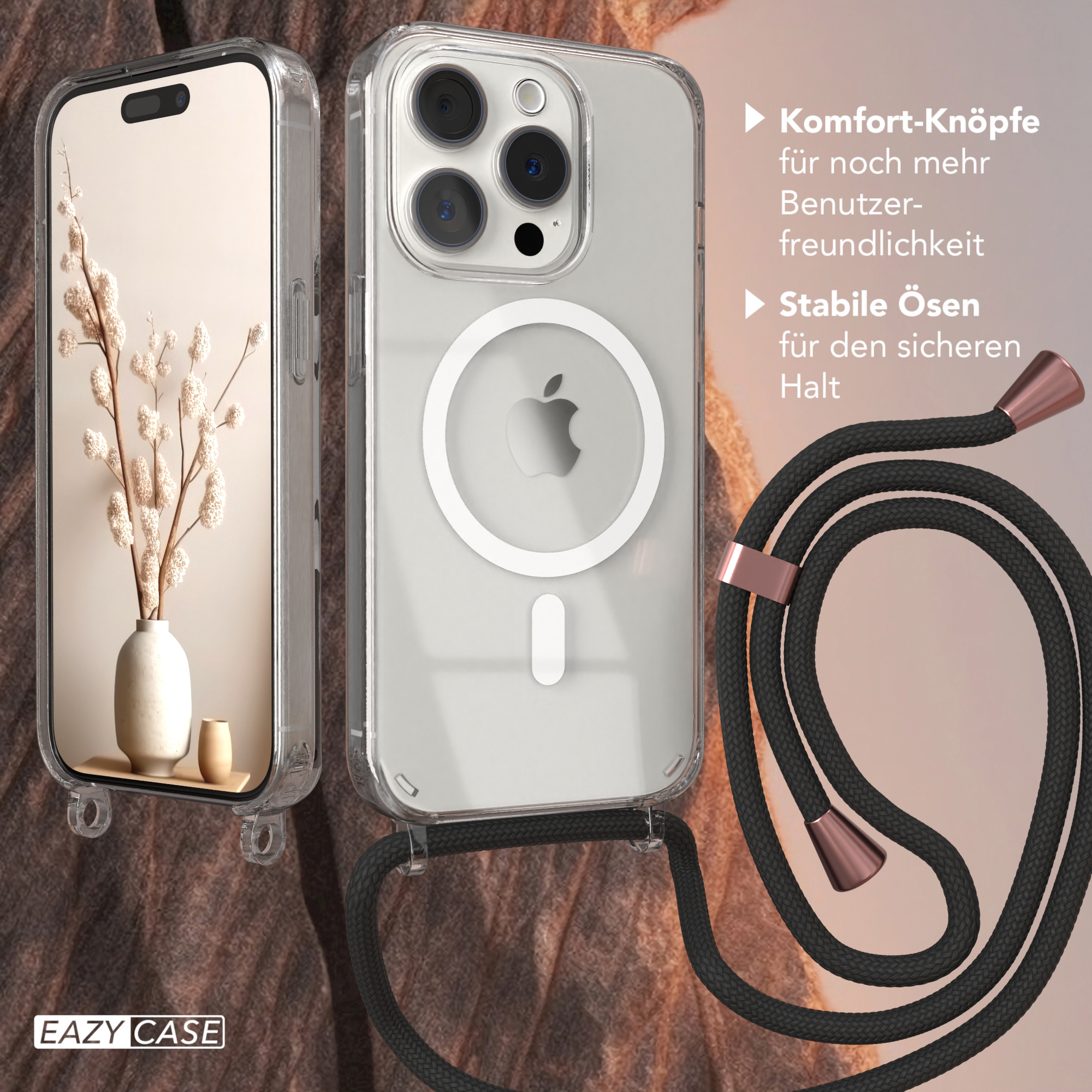 Clips CASE Hülle Pro, mit Magsafe EAZY iPhone Handykette, Schwarz Rosé / 15 Apple, Umhängetasche,