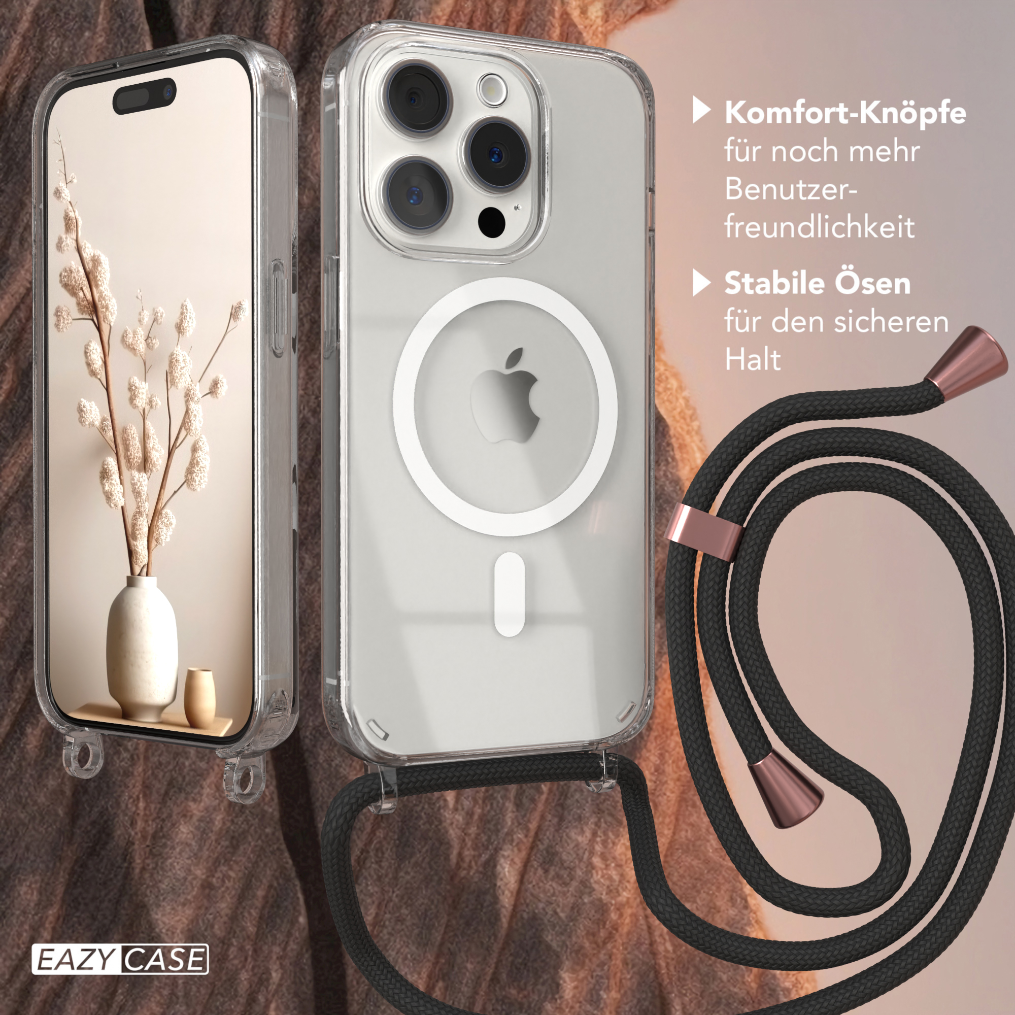 Eine transparente Handyhülle mit schwarzem Kabel. Die Handyhülle hat ein Apple-Logo darauf.
