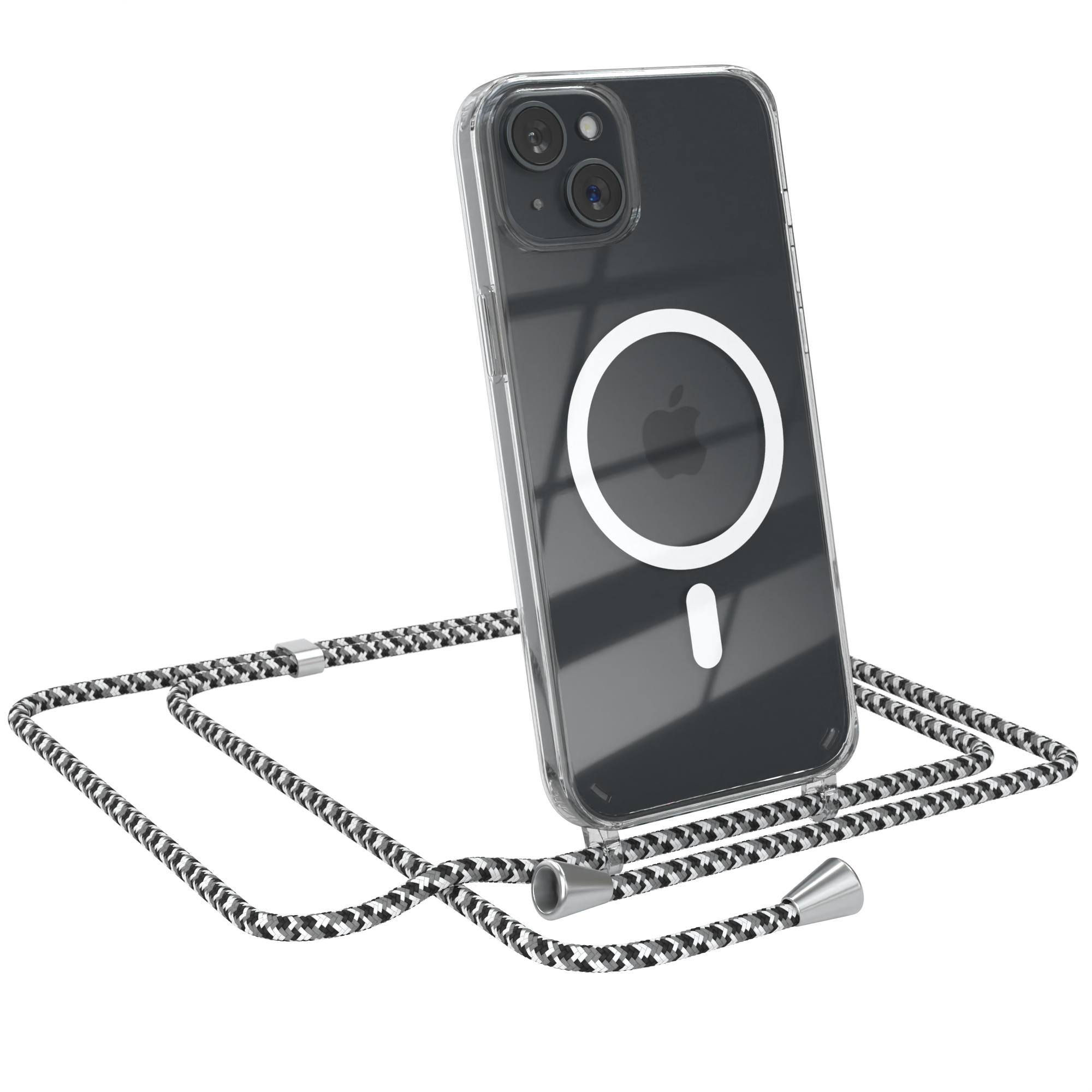 Transparente Handyhülle mit schwarz-weißem Riemen. Das Telefon hat einen weißen Kreis auf der Rückseite.