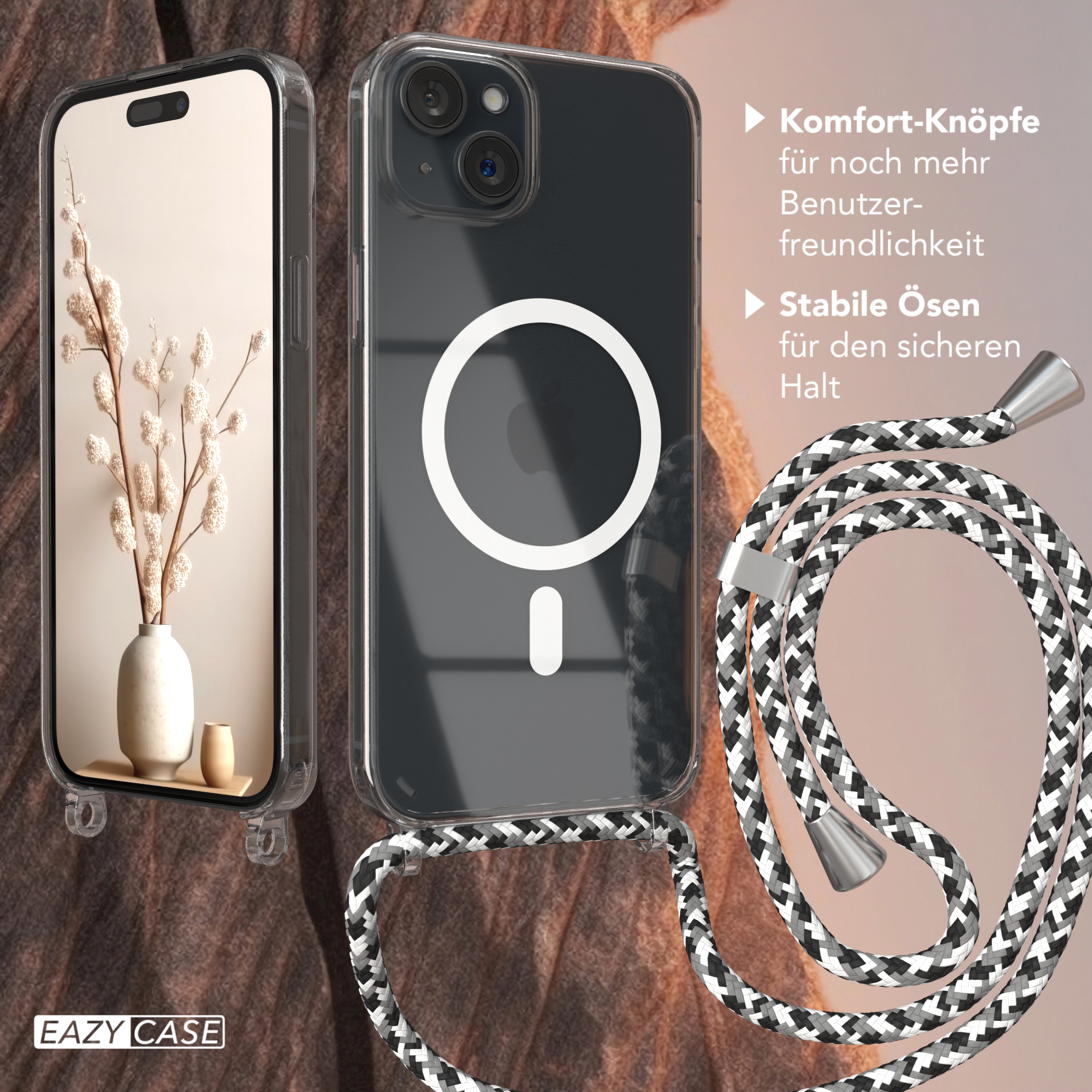 Umhängetasche, Camouflage Plus, mit Handykette, iPhone Silber Magsafe / Schwarz Clips 15 Apple, Hülle EAZY CASE