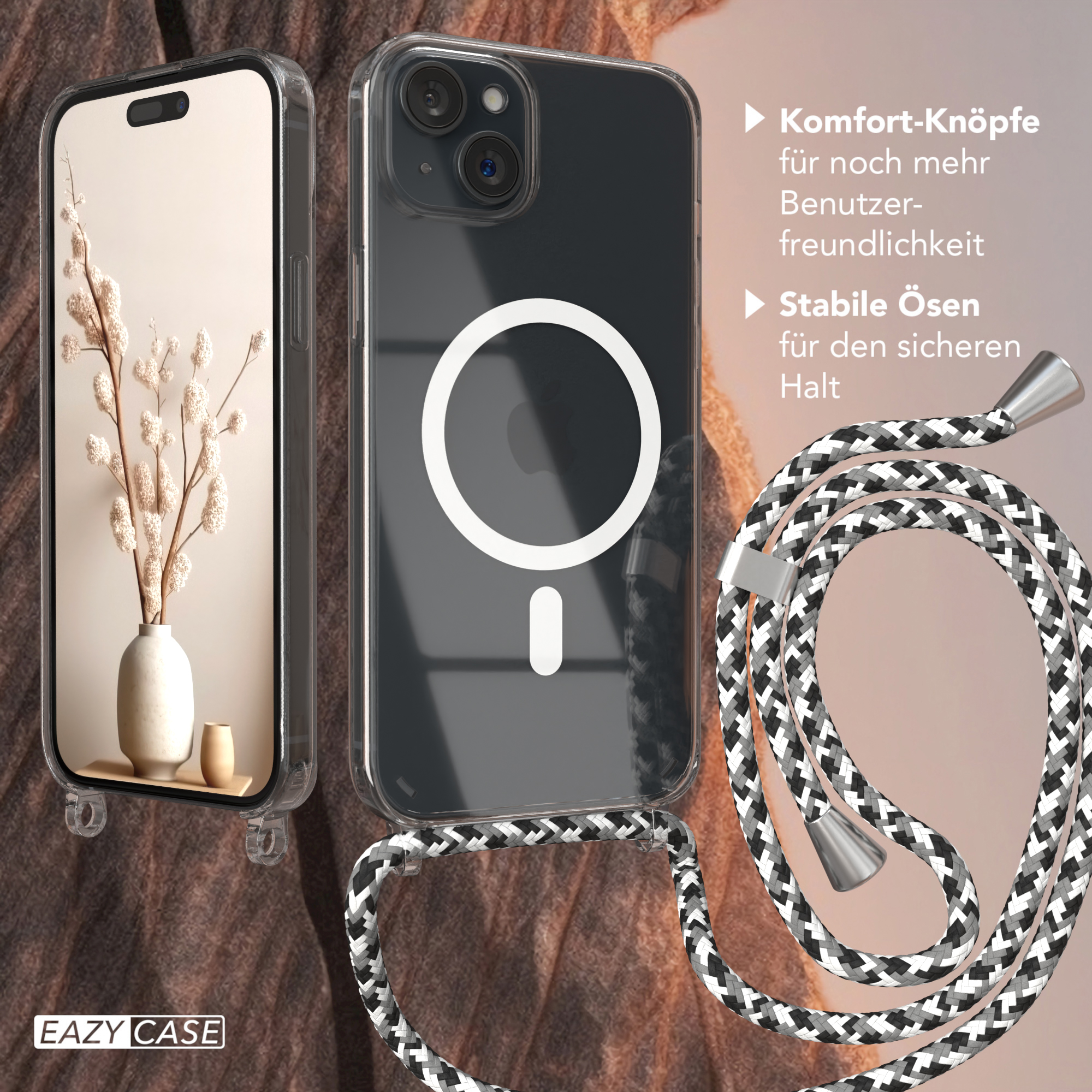 Transparente Handyhülle mit Telefon und Gurt. Weißes Apple-Logo. Schwarz-weißer Gurt.