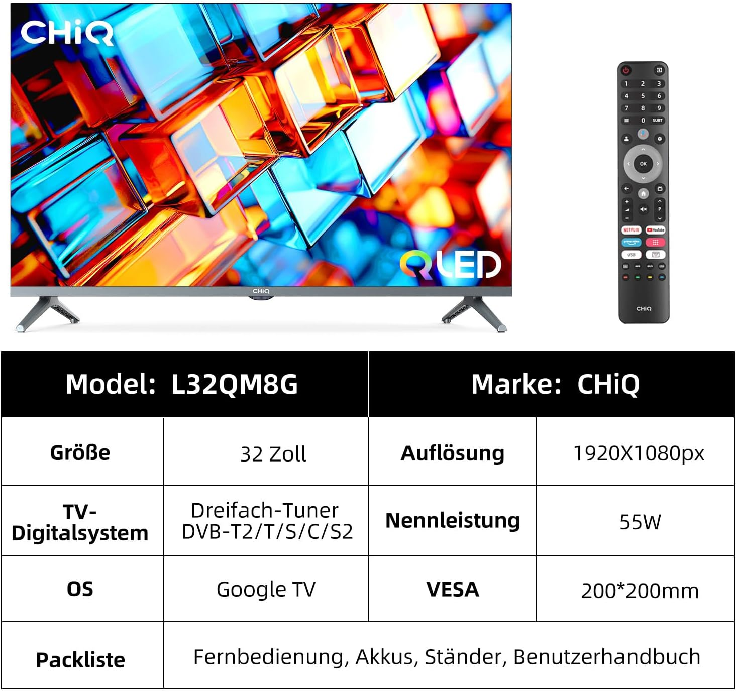 80 / TV Full-HD, L32QM8G TV) cm, QLED TV, Zoll Google (Flat, SMART 32 CHIQ