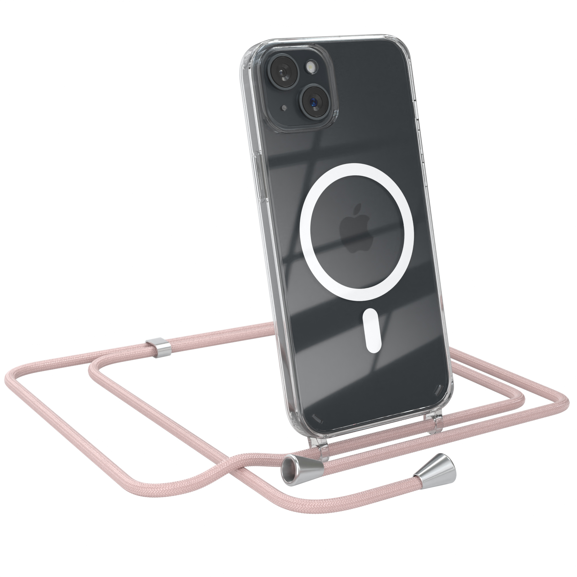 Klare Handyhülle mit rosa Kordel. Das Telefon hat einen weißen Kreis. Die Kordel ist mit der Hülle verbunden.