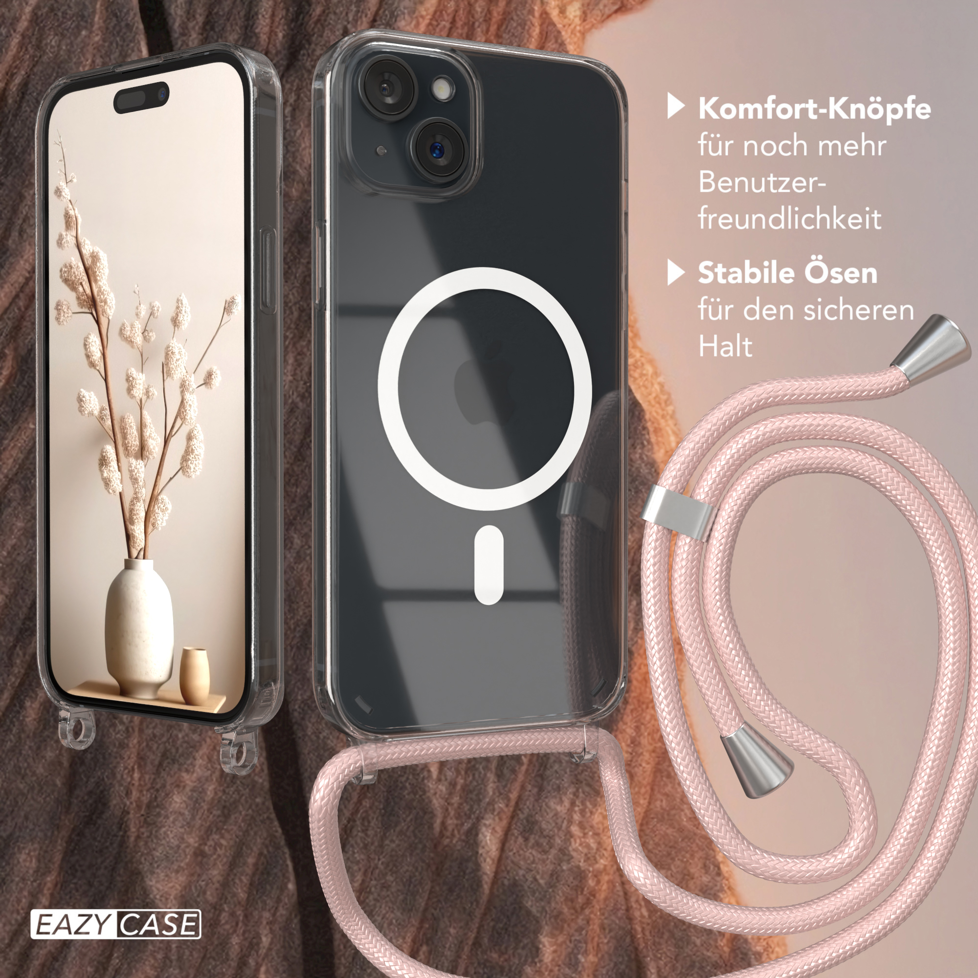 Telefon in transparentem Gehäuse, mit rosa Kordel. Das Gehäuse hat einen weißen Ring.