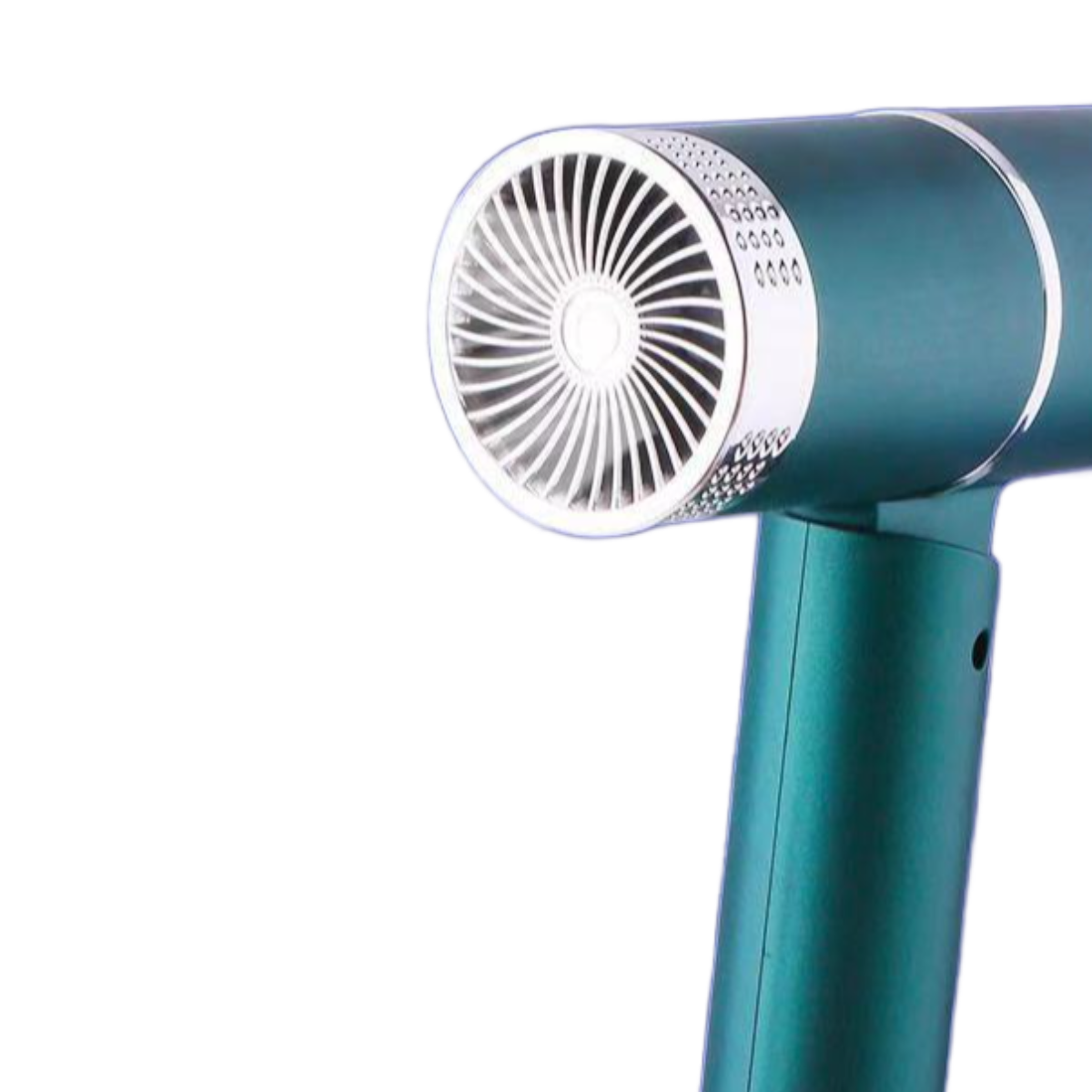 Ein türkisblauer Fön ist auf weißem Hintergrund isoliert. Die Vorderseite ist ein silbernes Fächerdesign. Der Griff ist türkis.