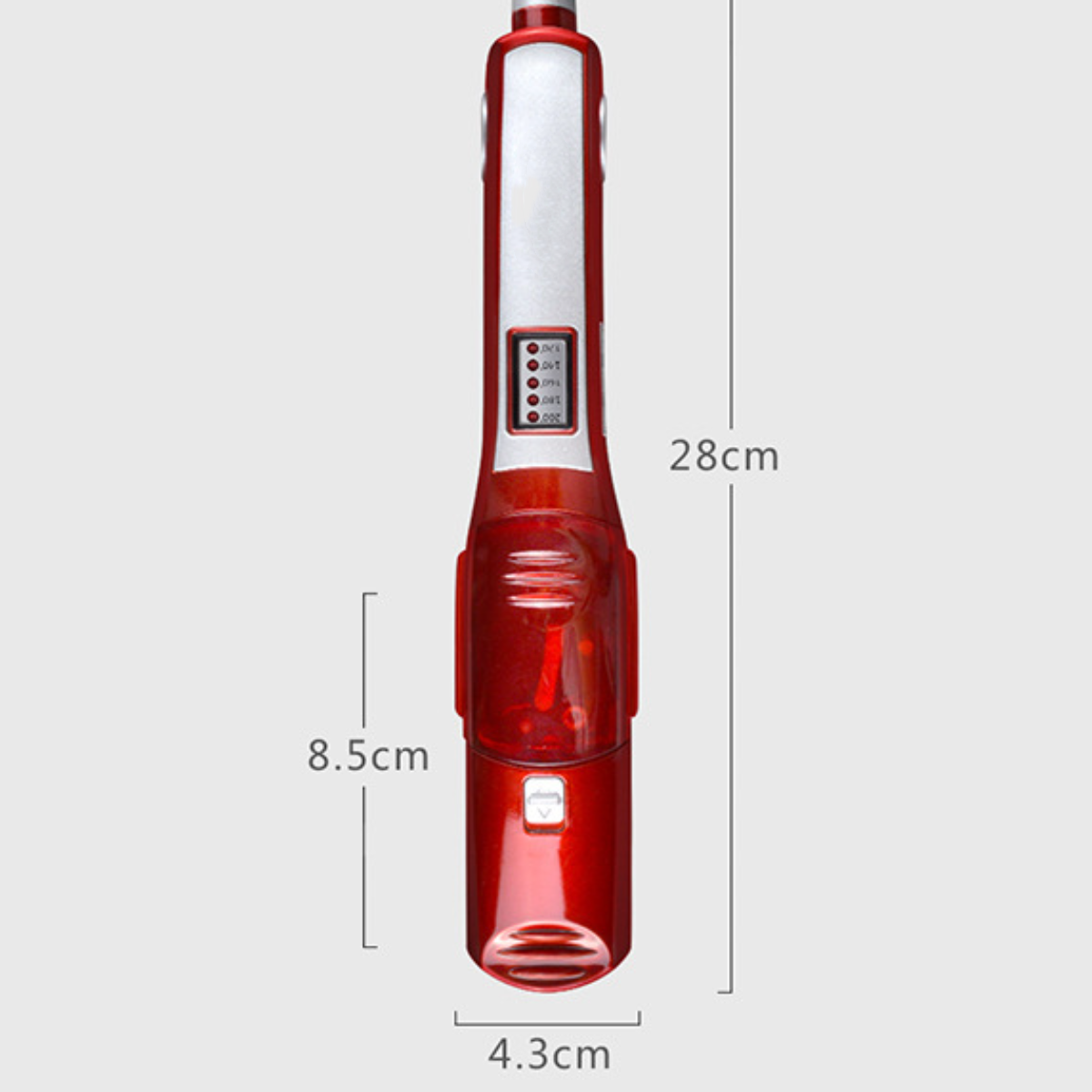 Roter und silberner Elektrorasierer, Draufsicht. Abmessungen: 28 cm hoch, 8,5 cm breit und 4,3 cm tief.
