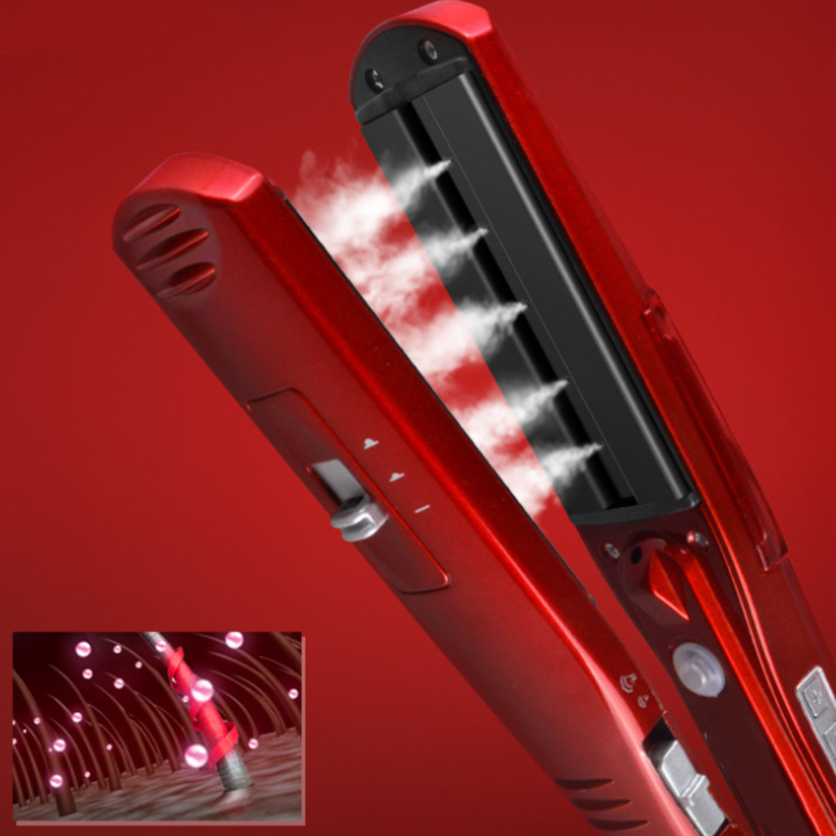 Roter Haarglätter mit Dampfausstoß. Eine Nahaufnahme von Haarfollikeln mit Wassertröpfchen in der Ecke.