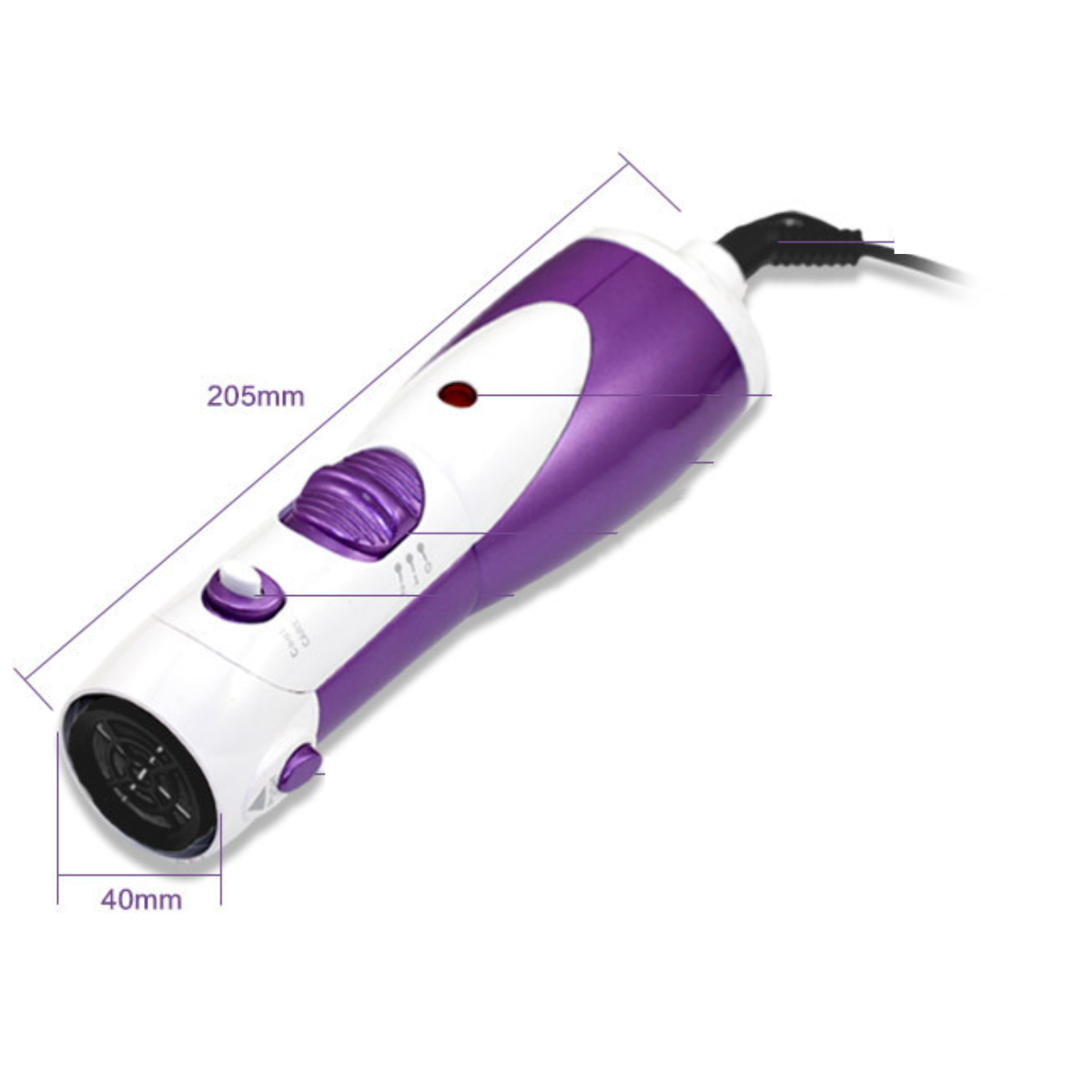 Ein weißes und lilafarbenes Haarstyling-Tool ist auf weißem Hintergrund mit seinen Abmessungen abgebildet.