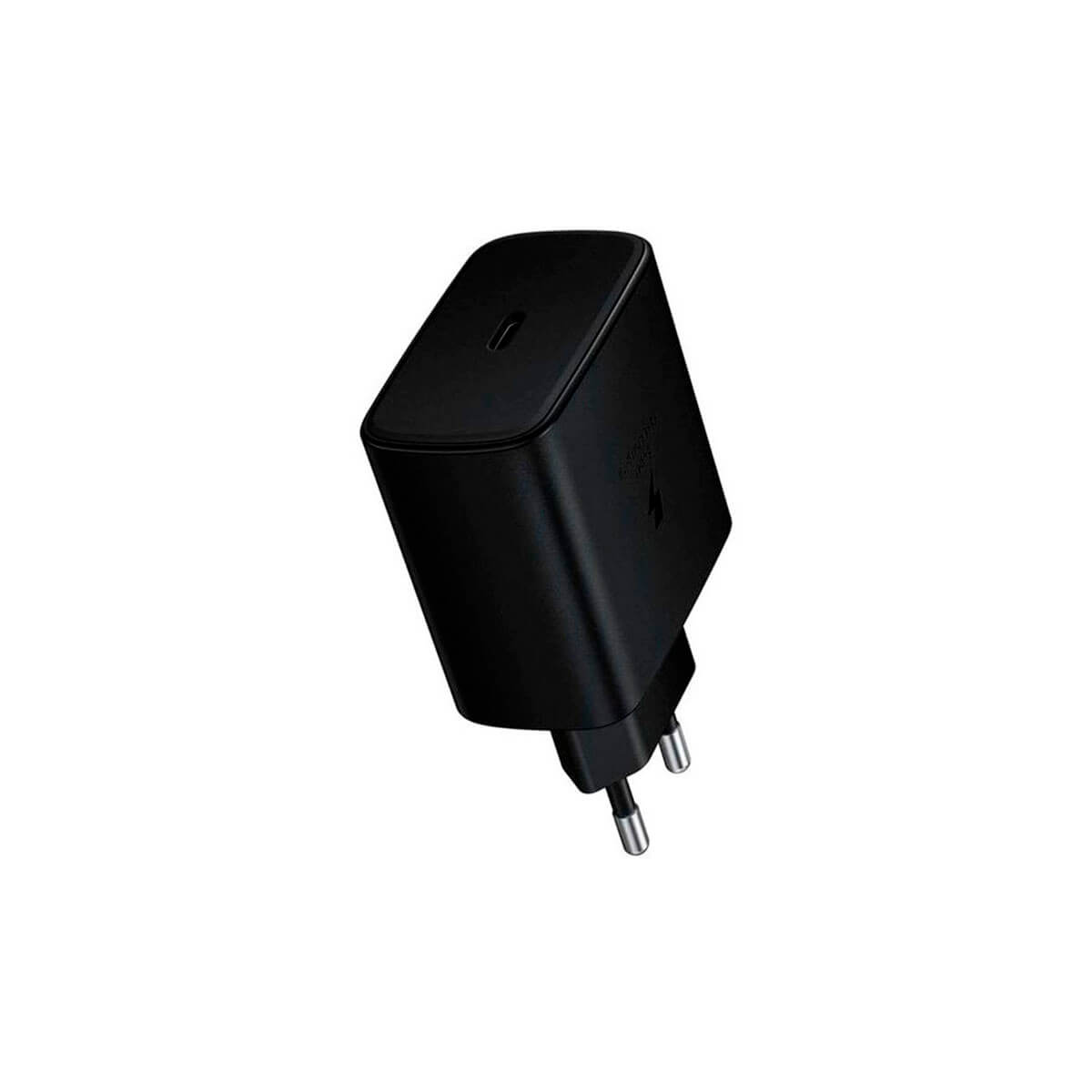Chargeur Samsung noir, avec port USB-C. Il a deux broches pour brancher.
