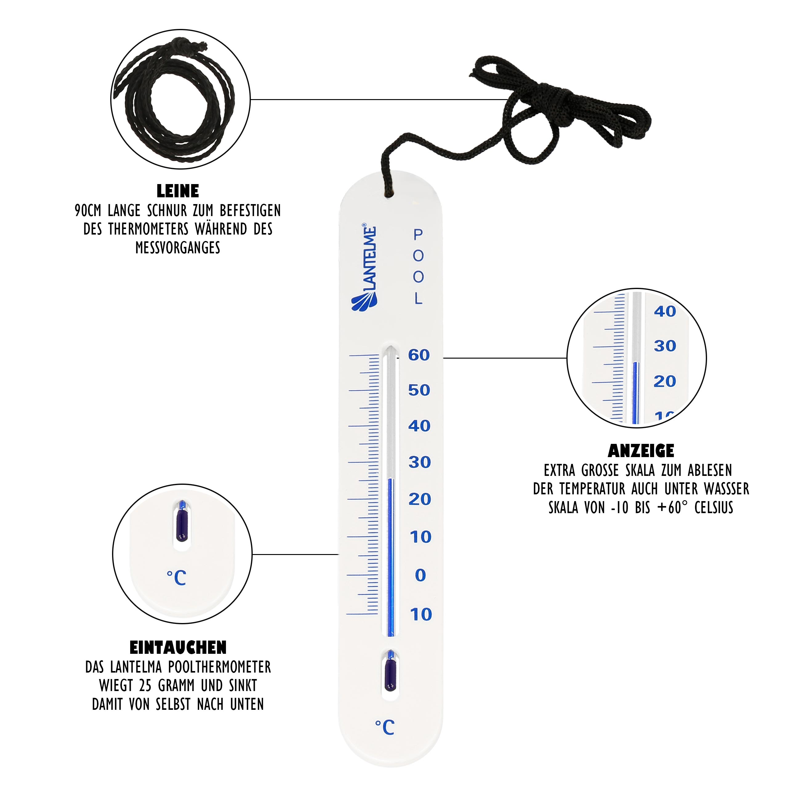 Ein weißes Poolthermometer mit schwarzem Kabel. Es hat eine blaue Temperaturskala.