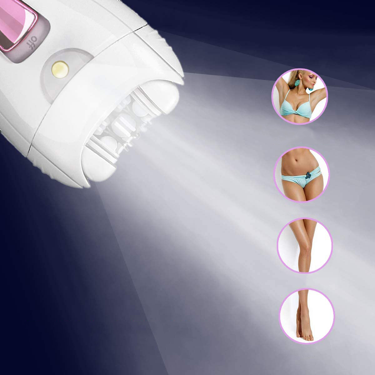 Weißer Epilierer mit Licht, Spot auf Haut mit Bikinizone, Beinen und Füßen.