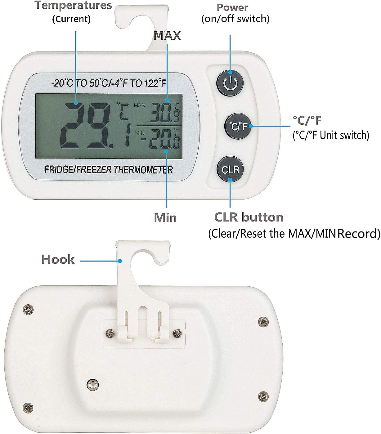 Digitales Thermometer zeigt Temperaturen. Knöpfe: Power, C/F, CLR. Haken oben und unten.