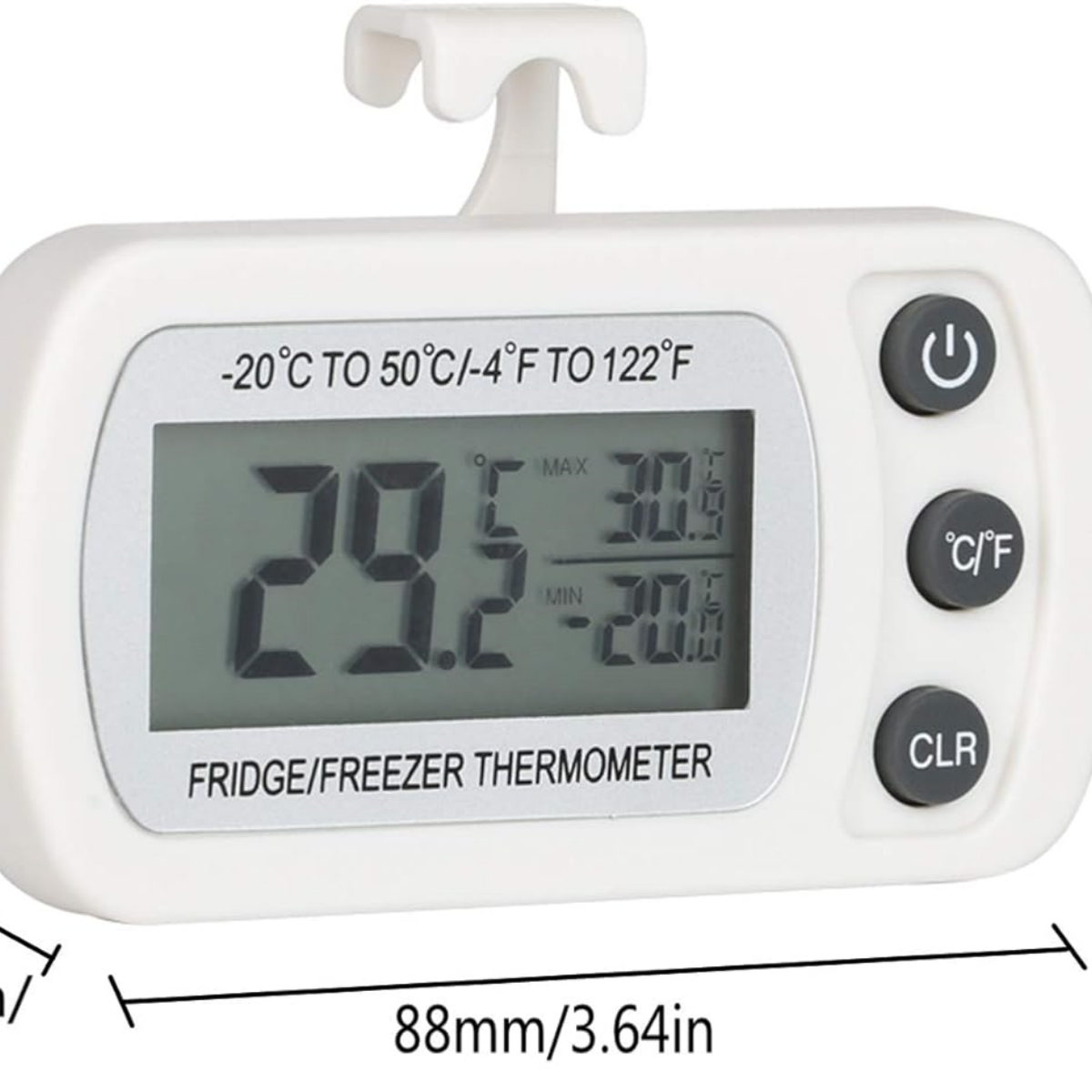 Weißes Kühl-/Gefrierschrankthermometer mit Digitalanzeige zur Temperaturmessung.