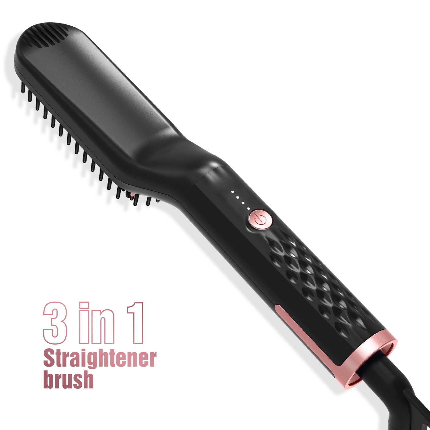 Schwarze 3-in-1 Bart-Glättungsbürste mit rosa Akzenten auf weißem Hintergrund.
