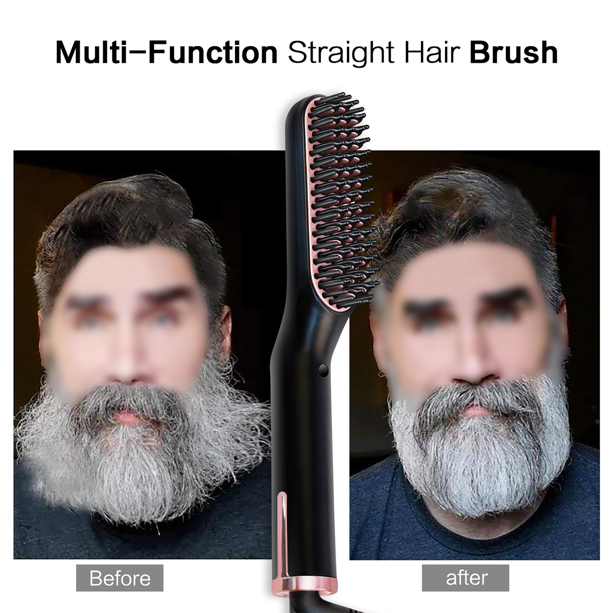 Haarbürste mit verschwommenem Männergesicht davor und danach. Die Bürste hat einen rosa Sockel.