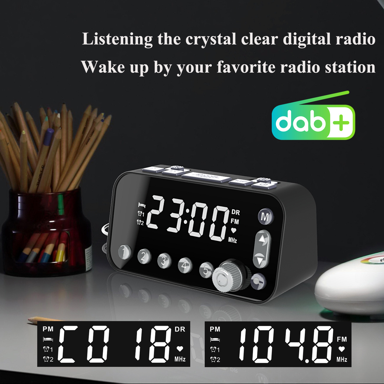 BRIGHTAKE Digitales DAB/FM Radiowecker, Großbildschirm, Dualalarm DAB+, FM, Radio, Schwarz