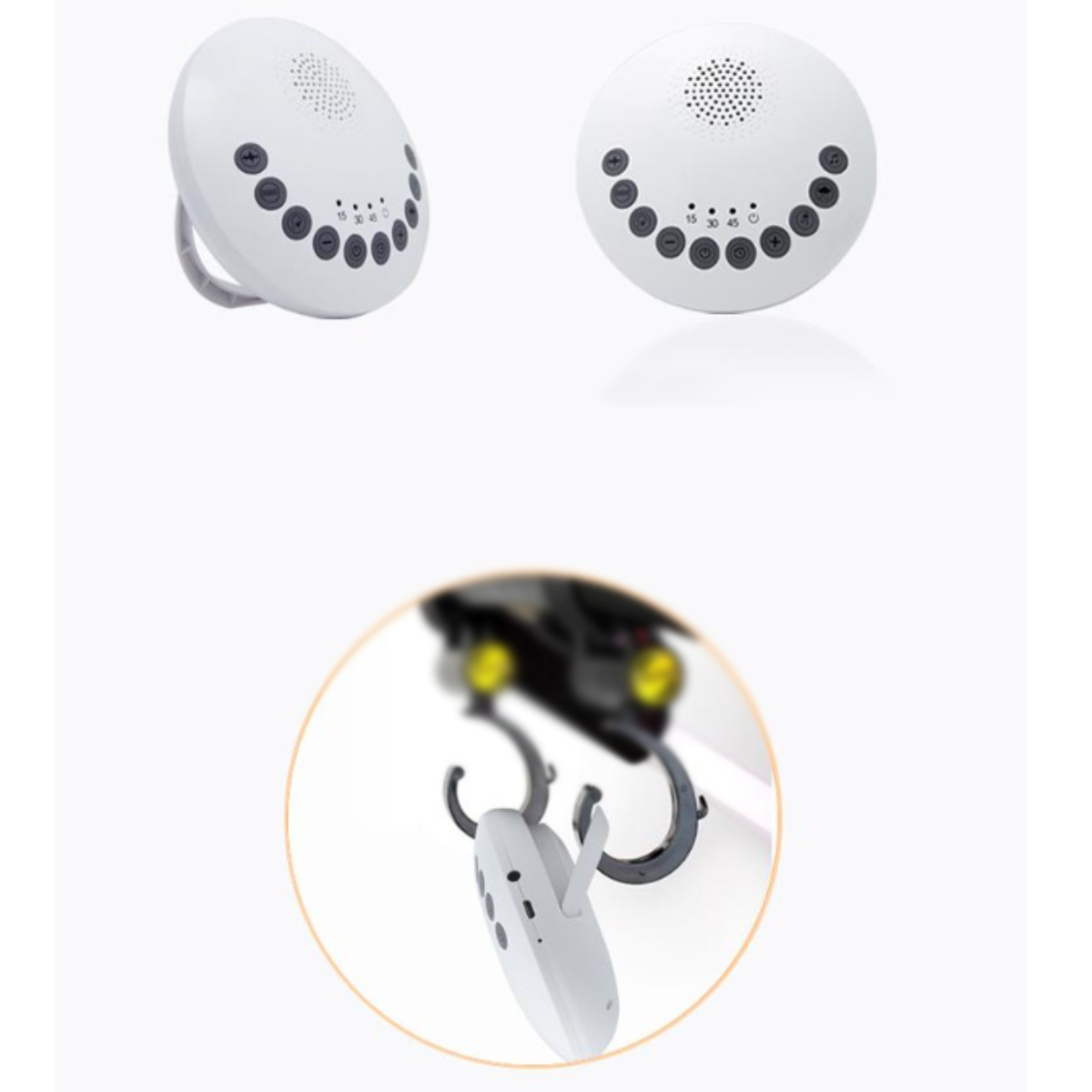 Drei weiße Geräuschmaschinen mit Bedienelementen und Haken. Eine Maschine hängt am Haken.