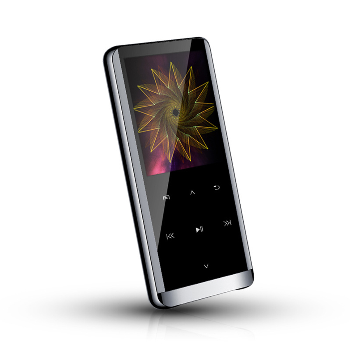 Schwarz-silberner MP3-Player mit dynamischem Bildschirm.