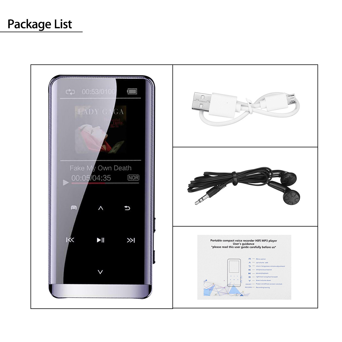 Ein MP3-Player, Ohrhörer und ein USB-Kabel werden mit einer Packliste angezeigt.
