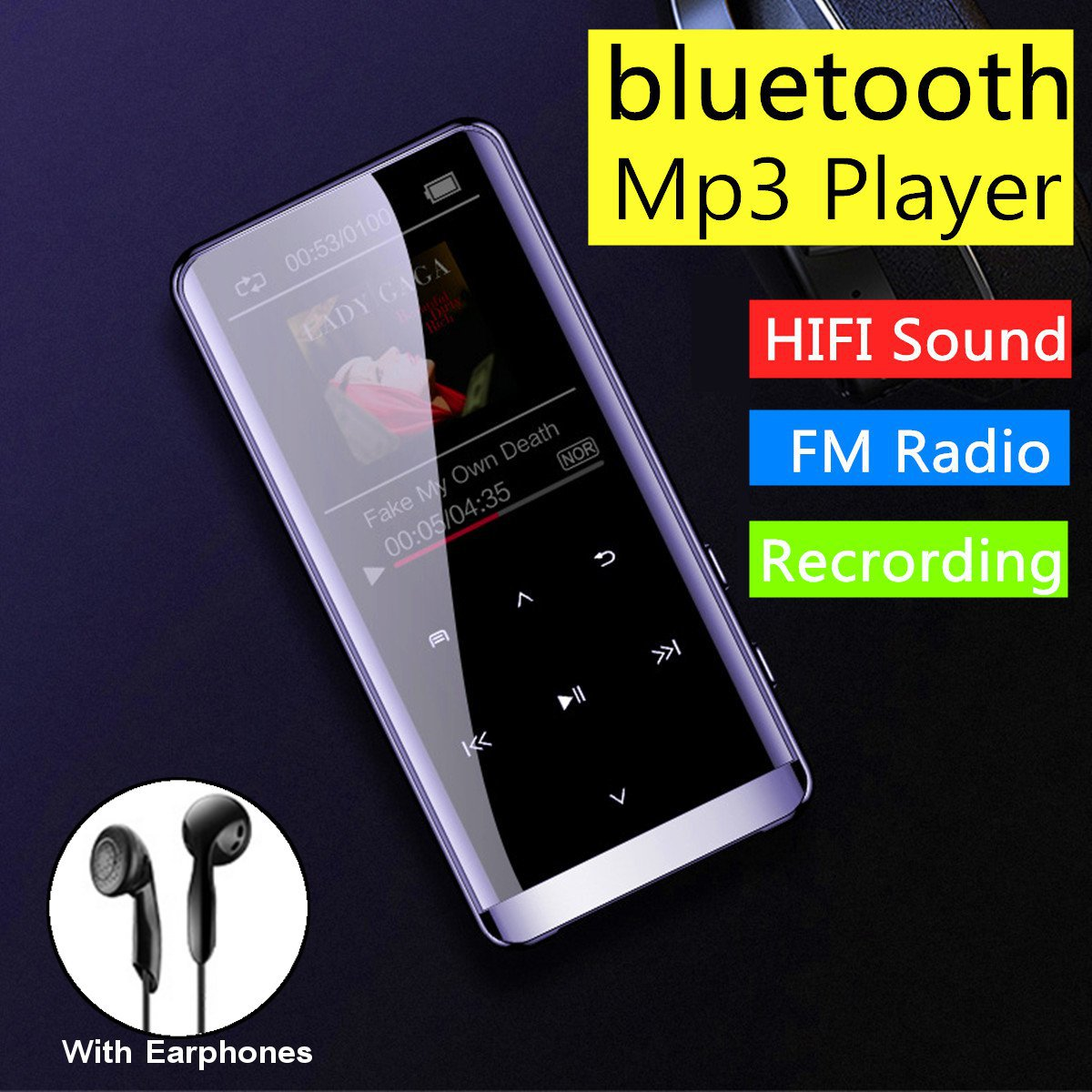 Schwarzer MP3-Player mit Bildschirm. Der Bildschirm zeigt Lady Gaga. Der Player hat Kopfhörer.