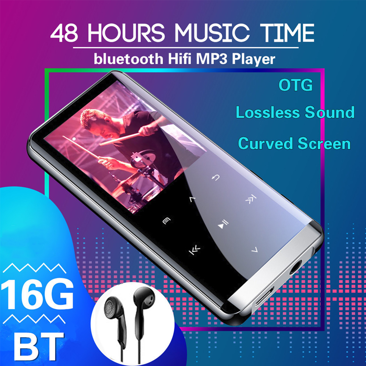 Schwarzer MP3-Player mit gebogenem Bildschirm und Kopfhörern. Musiksteuerung wird angezeigt.