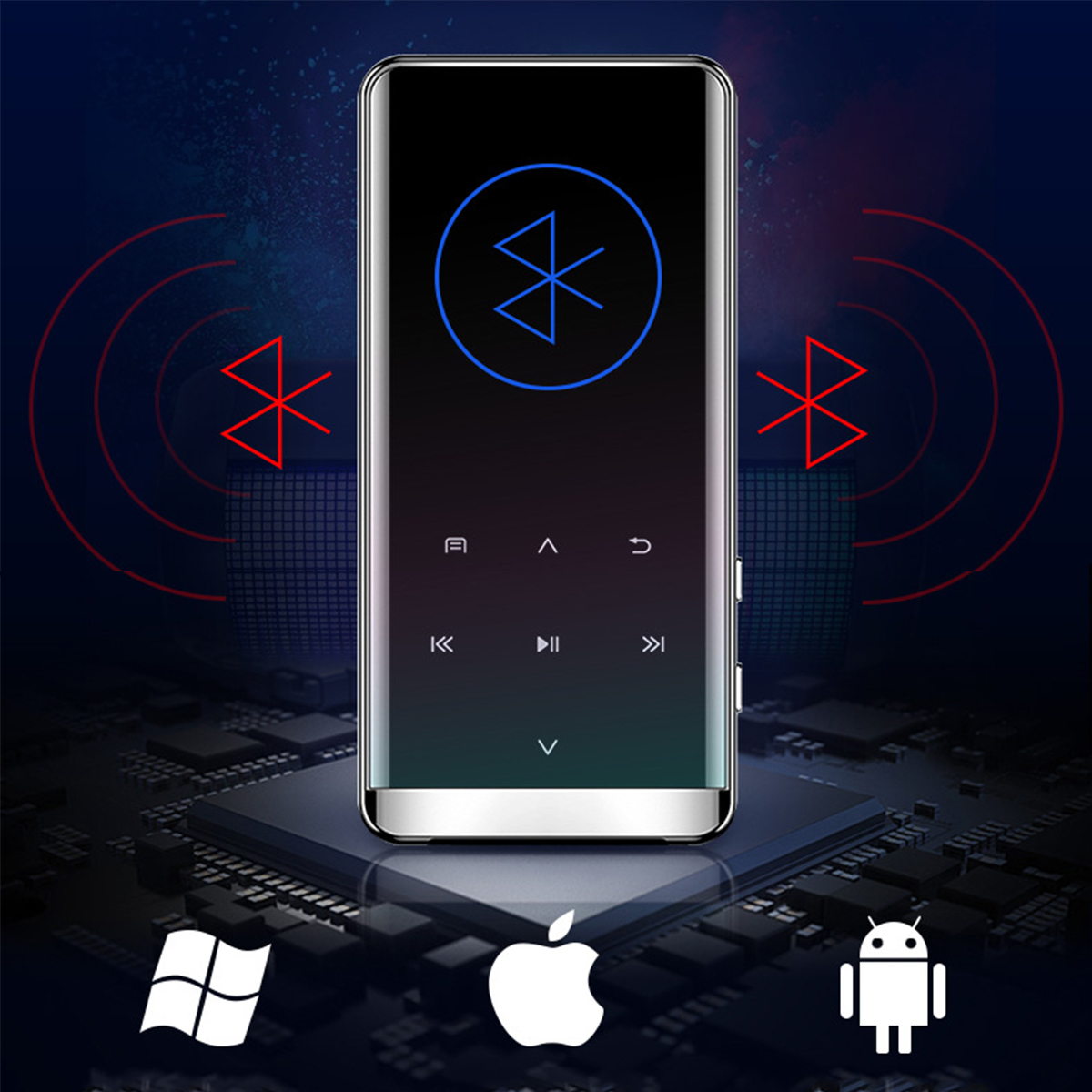 Schwarzer Musikplayer mit Bluetooth-Logo und Knöpfen. Verschiedene Symbole darum herum.