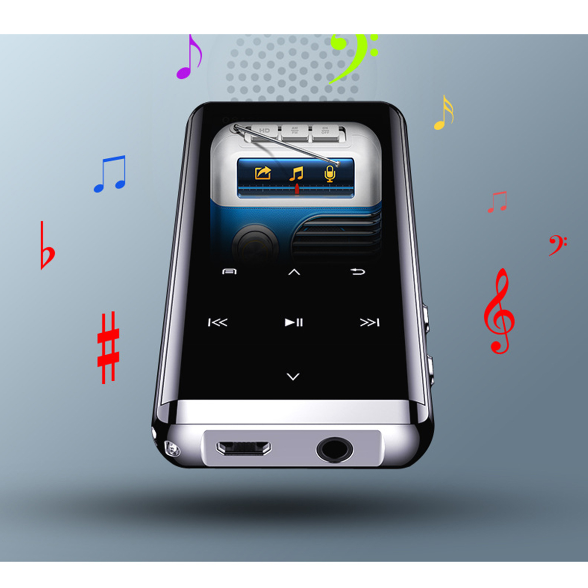 Ein schwarzer MP3-Player mit Noten drumherum.