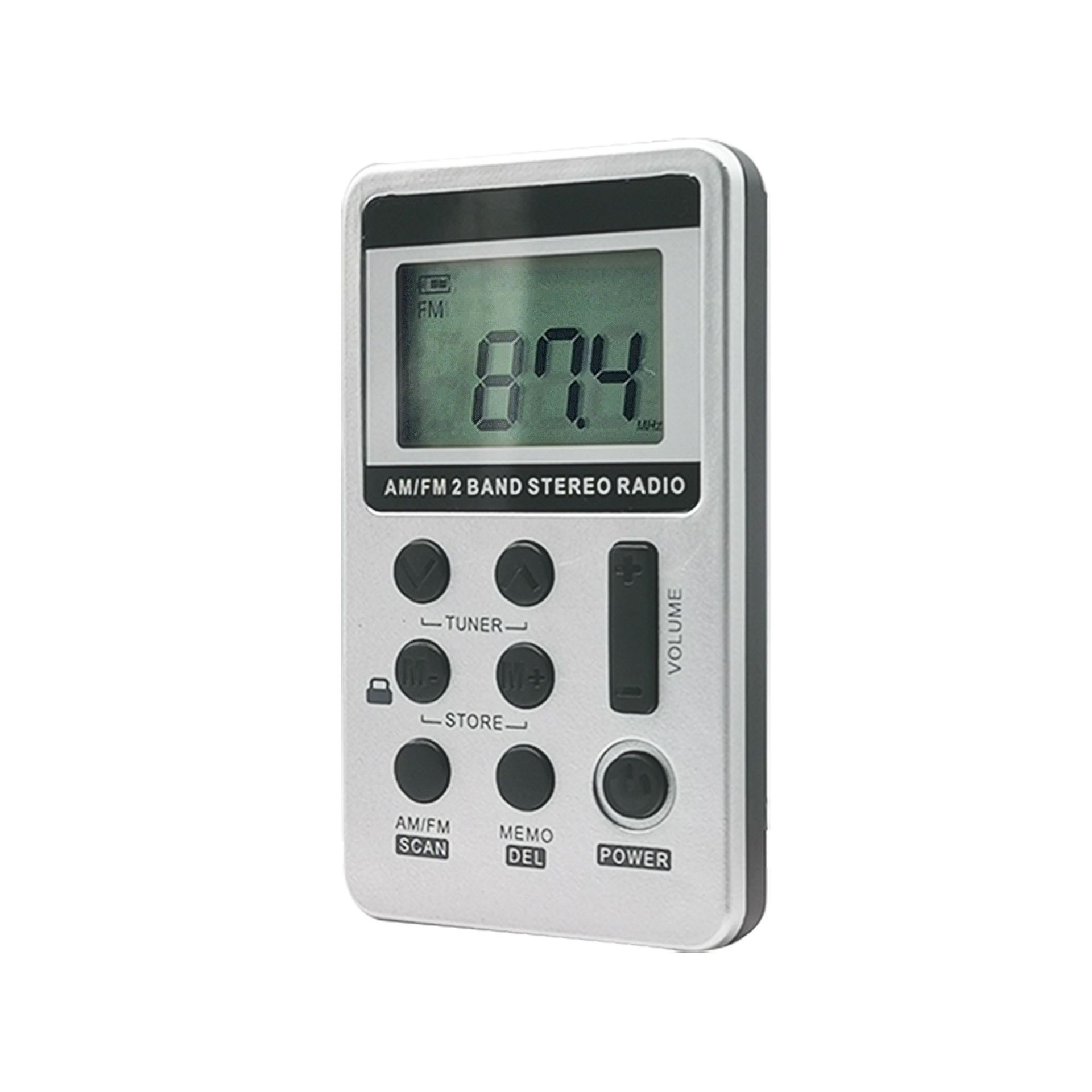Silbernes AM/FM-Radio mit digitaler Anzeige, Knöpfen und Bildschirm.