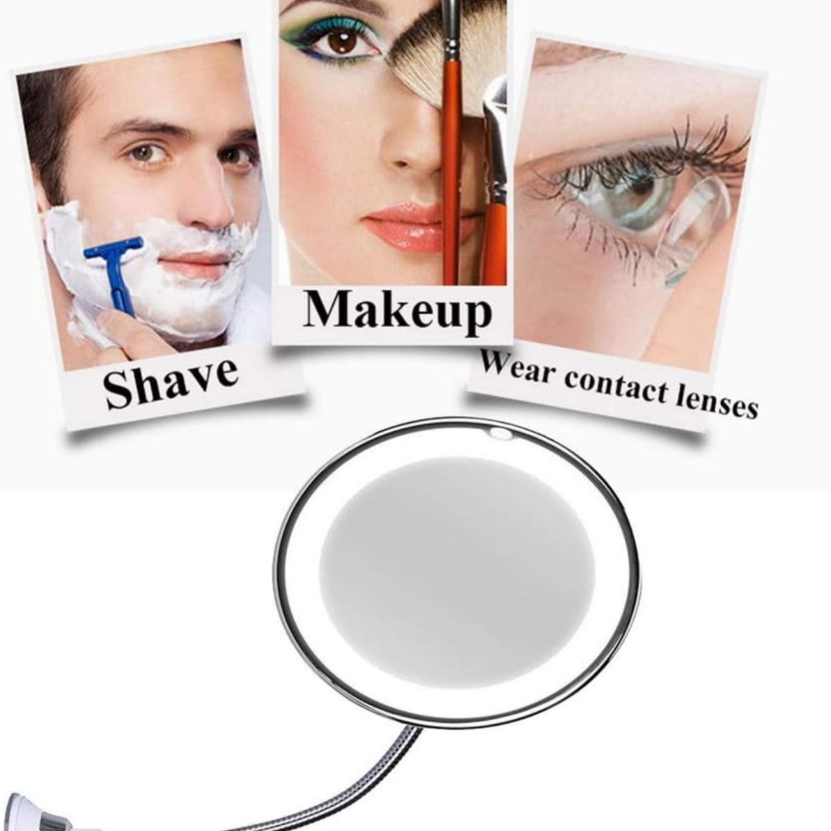 Spiegel mit Bildern von Rasieren, Make-up und Kontaktlinsen.