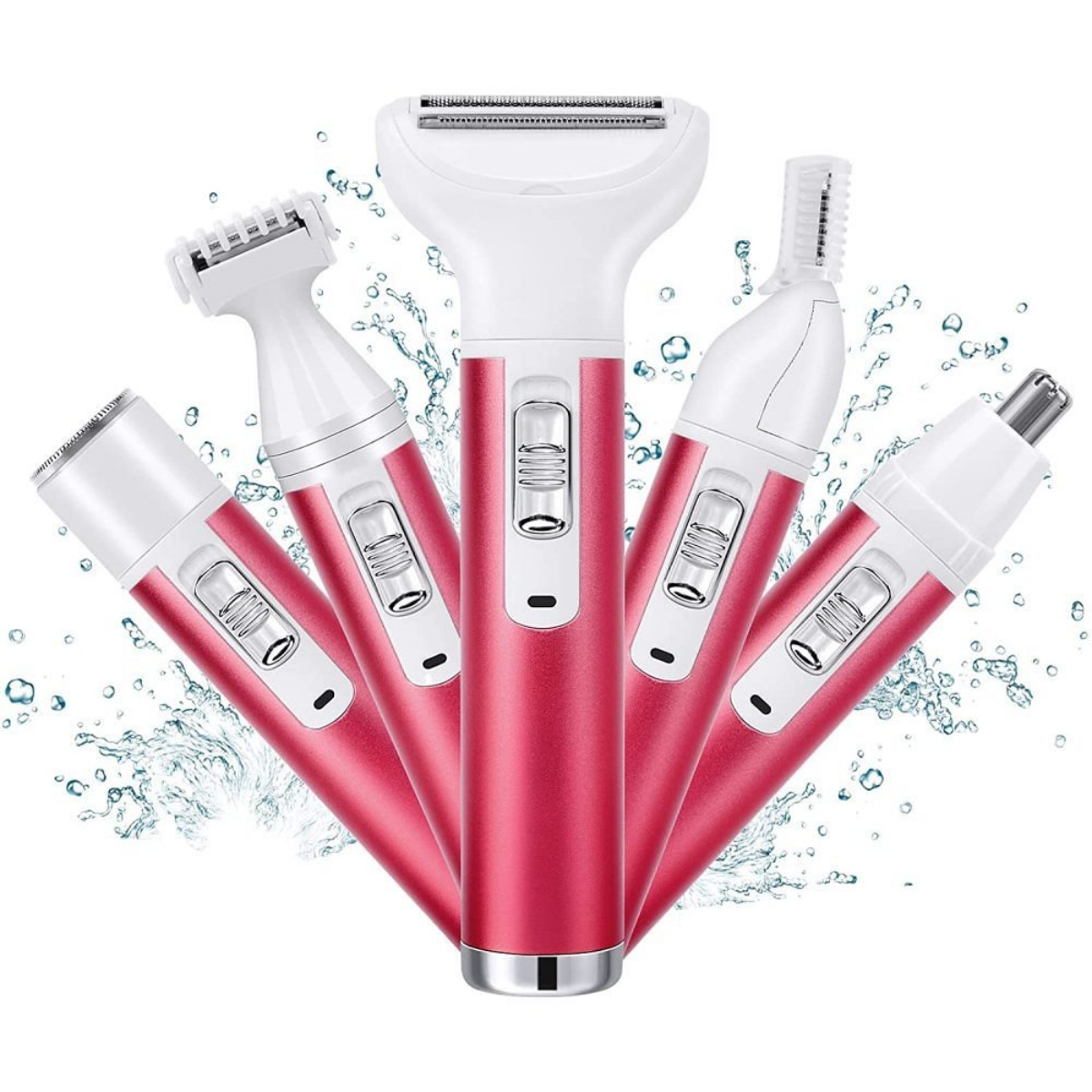 Set aus fünf rosa und weißen Pflegeutensilien auf weißem Hintergrund.