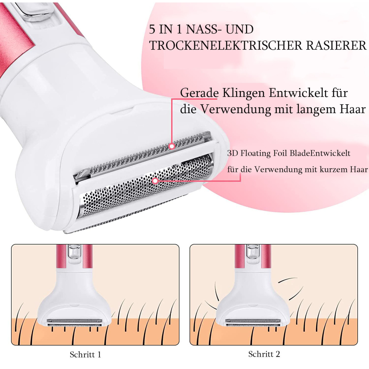 Elektrischer Rasierer zeigt die Klingen aus der Nähe. Abbildung Schritt 1 und Schritt 2 zeigt die Haarentfernung.