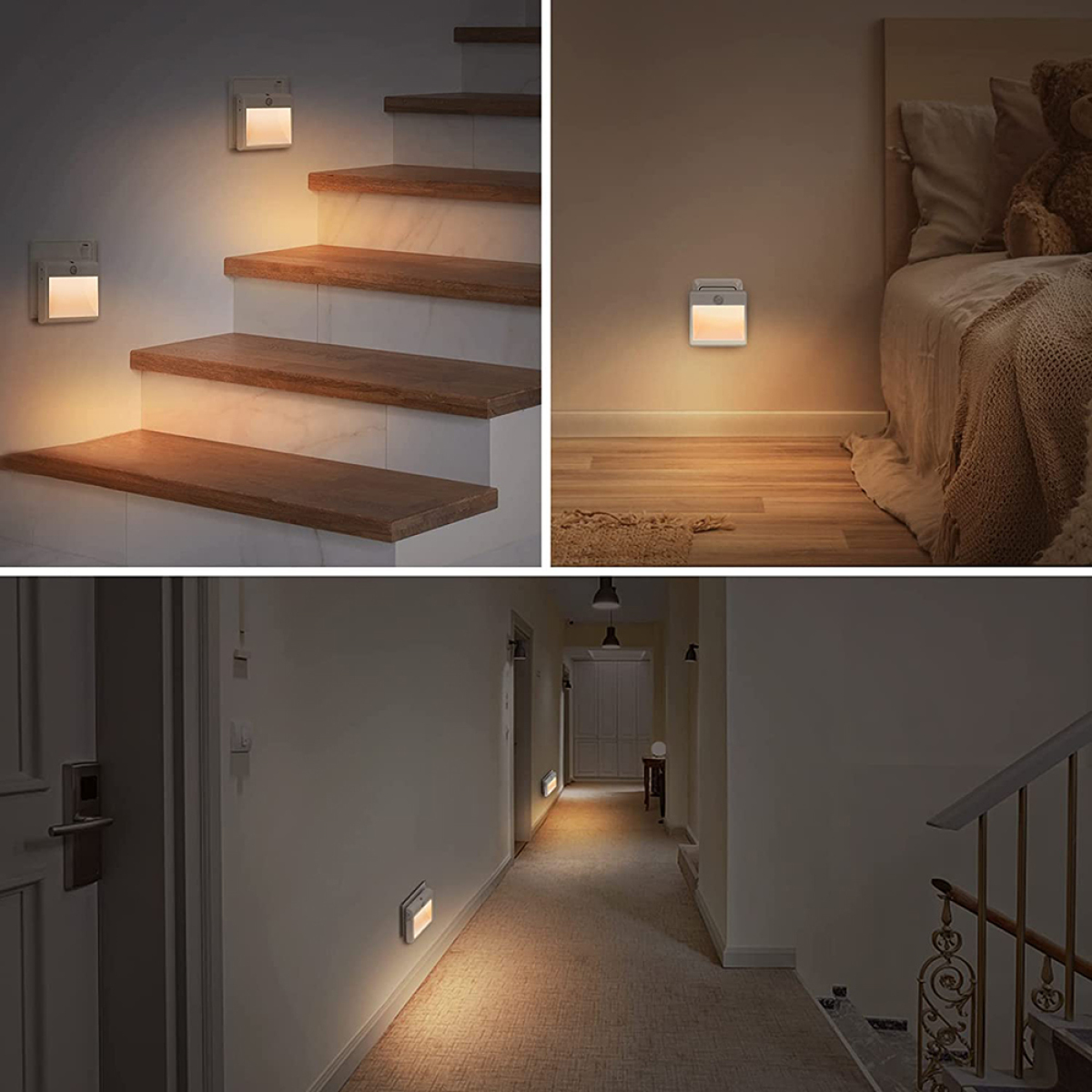 Drei Bilder zeigen Wandleuchten in verschiedenen Umgebungen: Treppe, Schlafzimmer und Flur. Die Lichter sind quadratisch und leuchten.