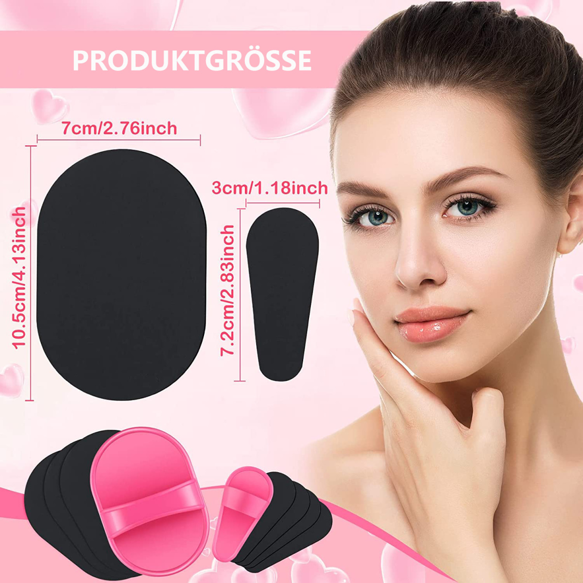 Frau mit schwarzen ovalen und paddelförmigen Objekten. Rosa Griff, rosa Hintergrund und Produktdetails sind ebenfalls sichtbar.
