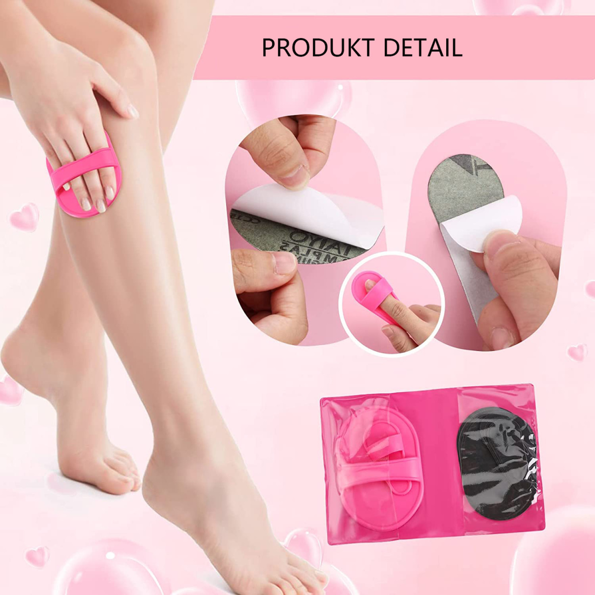 Eine Person, die ein rosa Haarentfernungspad auf ein Bein aufträgt, mit Produktdetailbildern.