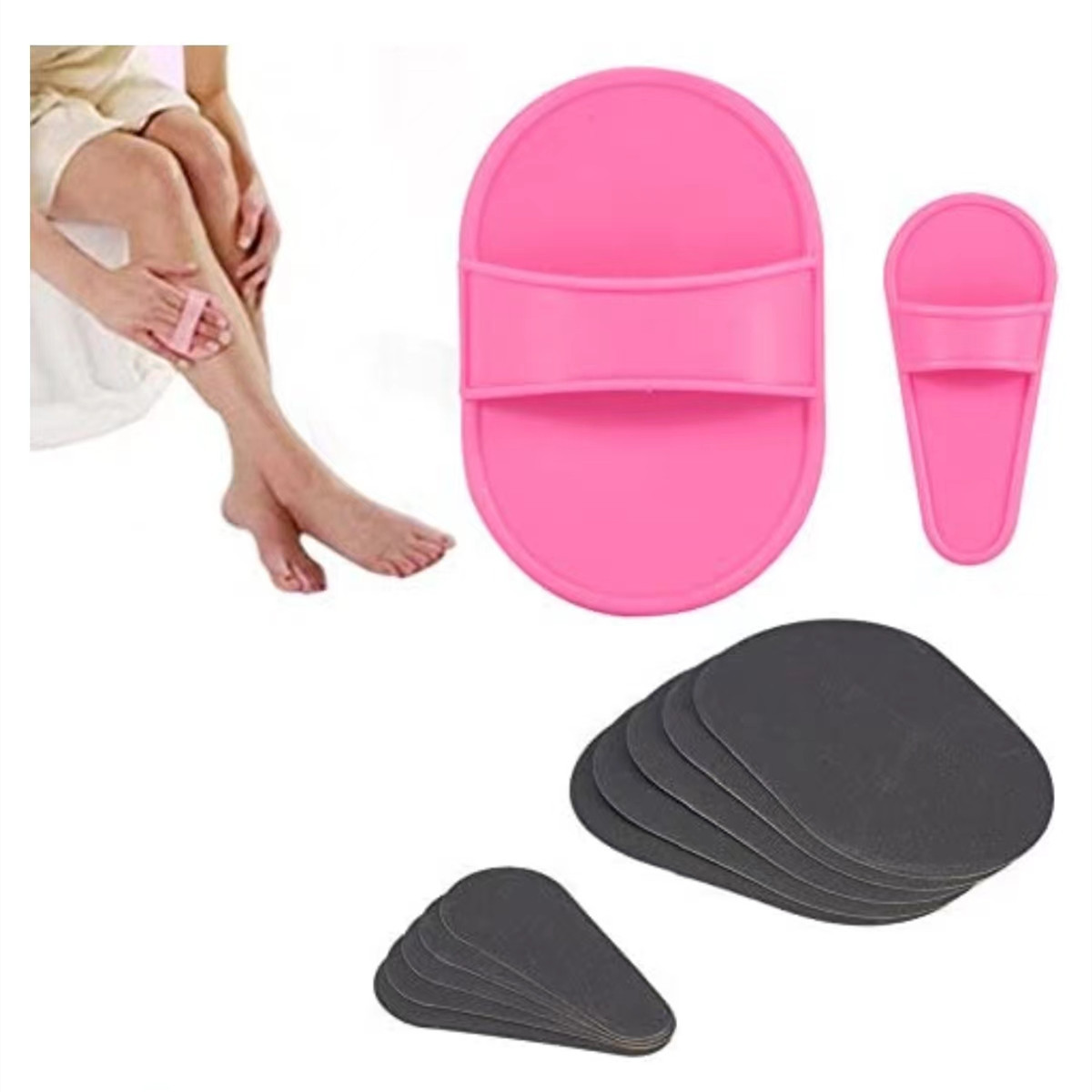 Ein rosa Epilierer-Set, mit mehreren Pads und einem Bein einer Frau.