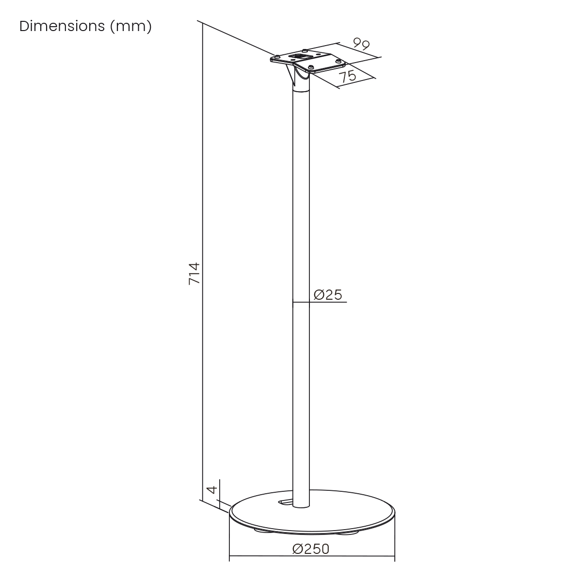Diagramm eines Lautsprecherständers mit Abmessungen, aus Metall, auf weißem Hintergrund.