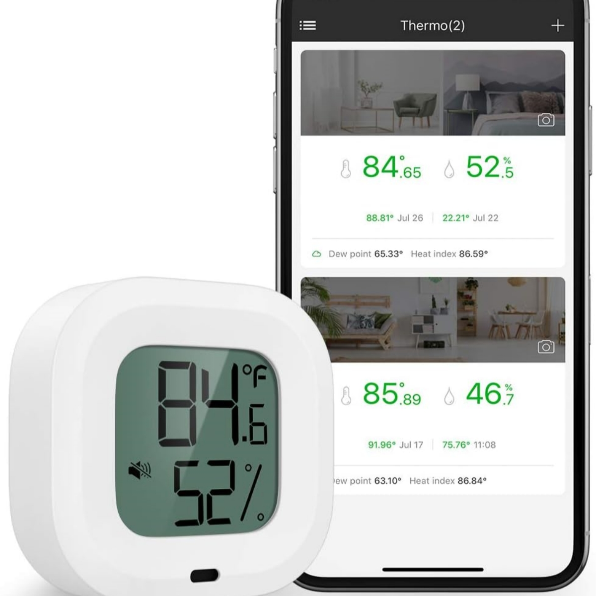 Weißes Smart-Home-Gerät, das Temperatur und Luftfeuchtigkeit auf seinem Bildschirm und auf einem Telefon anzeigt.