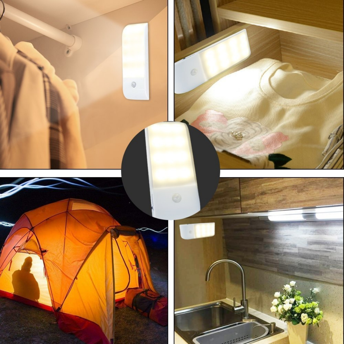 Szenen mit mehreren weißen Lichtern: Schrank, Schublade, Zelt und Küche.