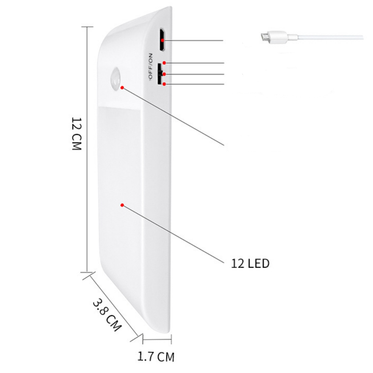 Eine weiße LED-Leuchte mit Maßangaben und angezeigten Anschlüssen.